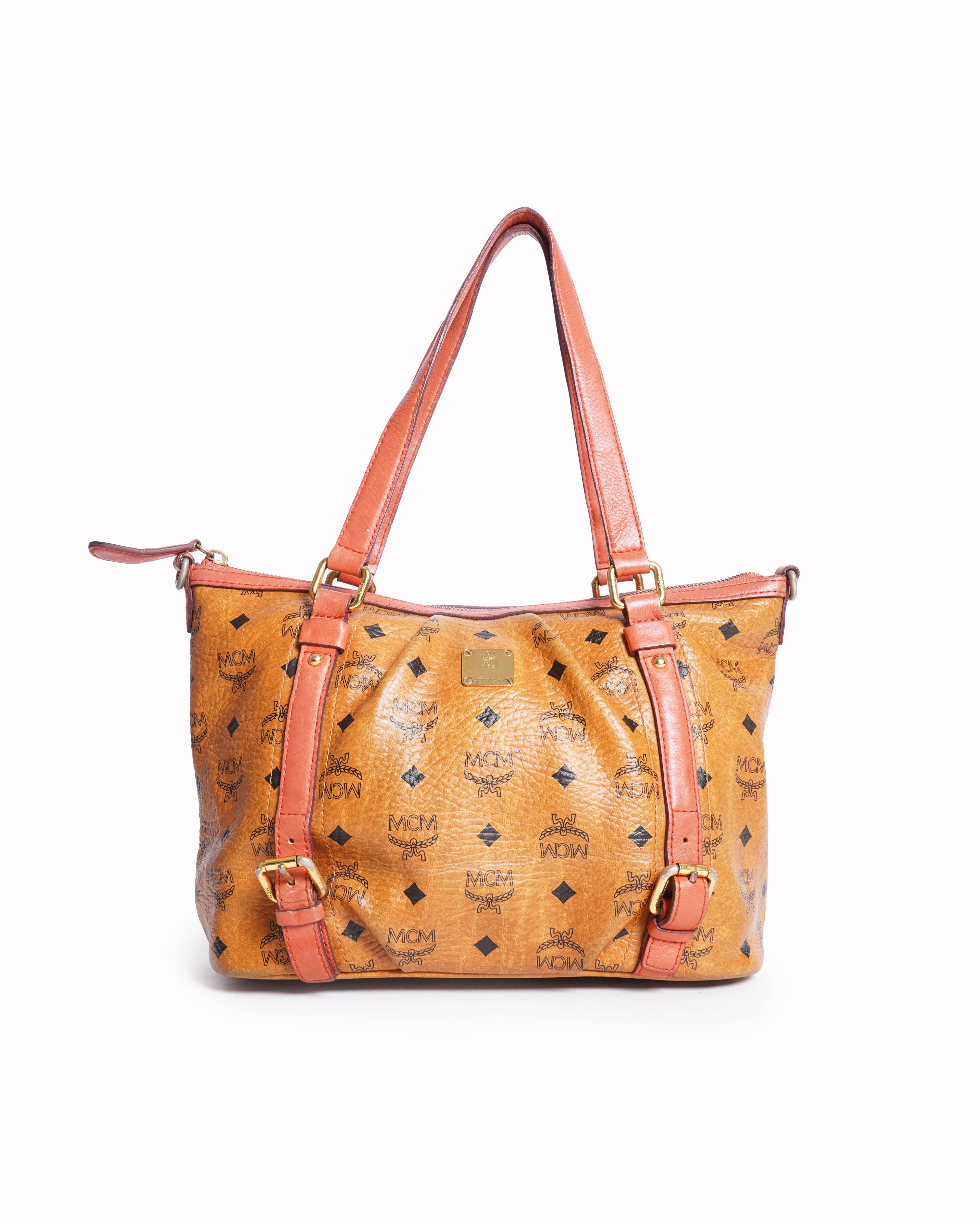 MCM Visetos coated canvas tote with orange and coral leather trim