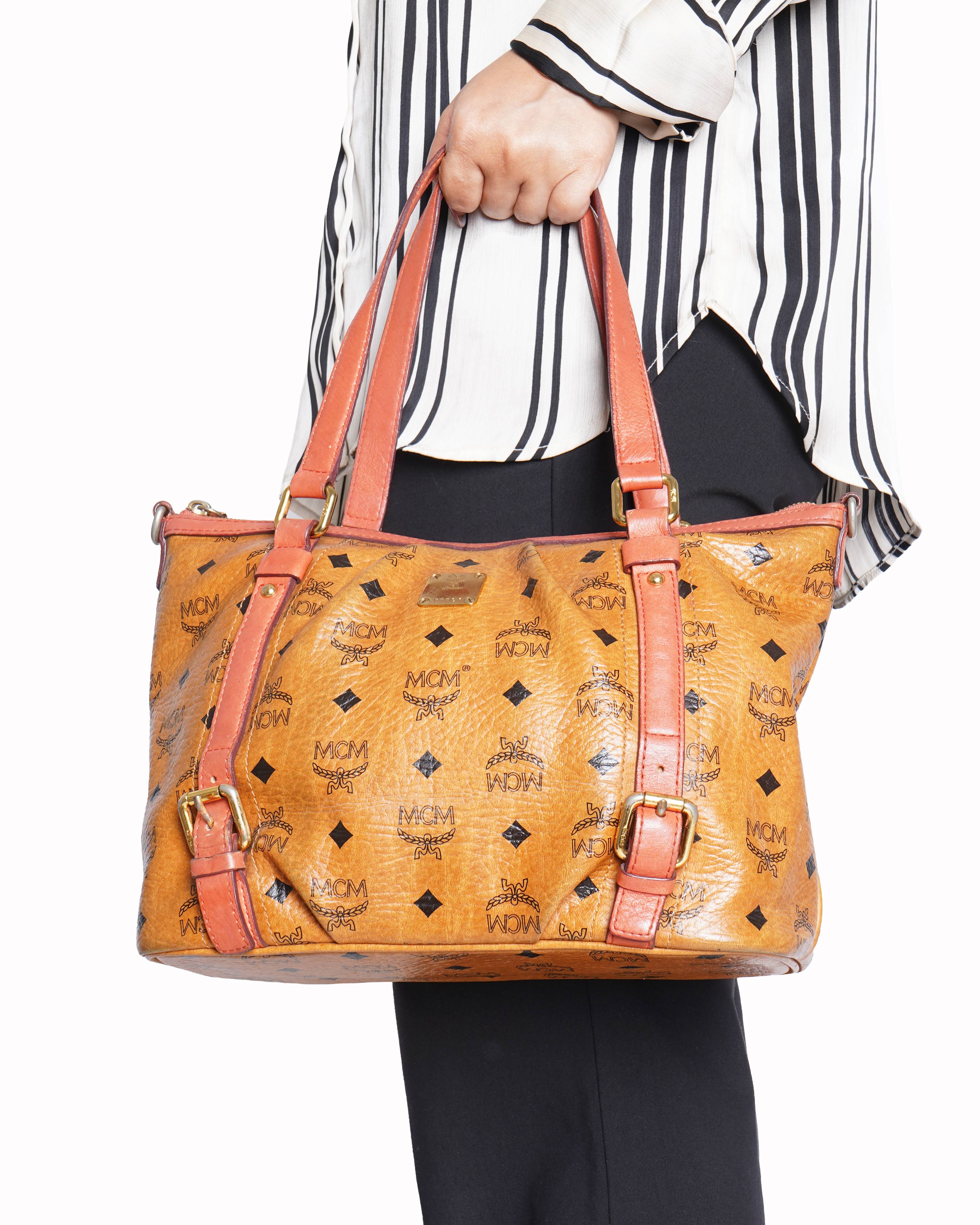 MCM Visetos coated canvas tote with orange and coral leather trim