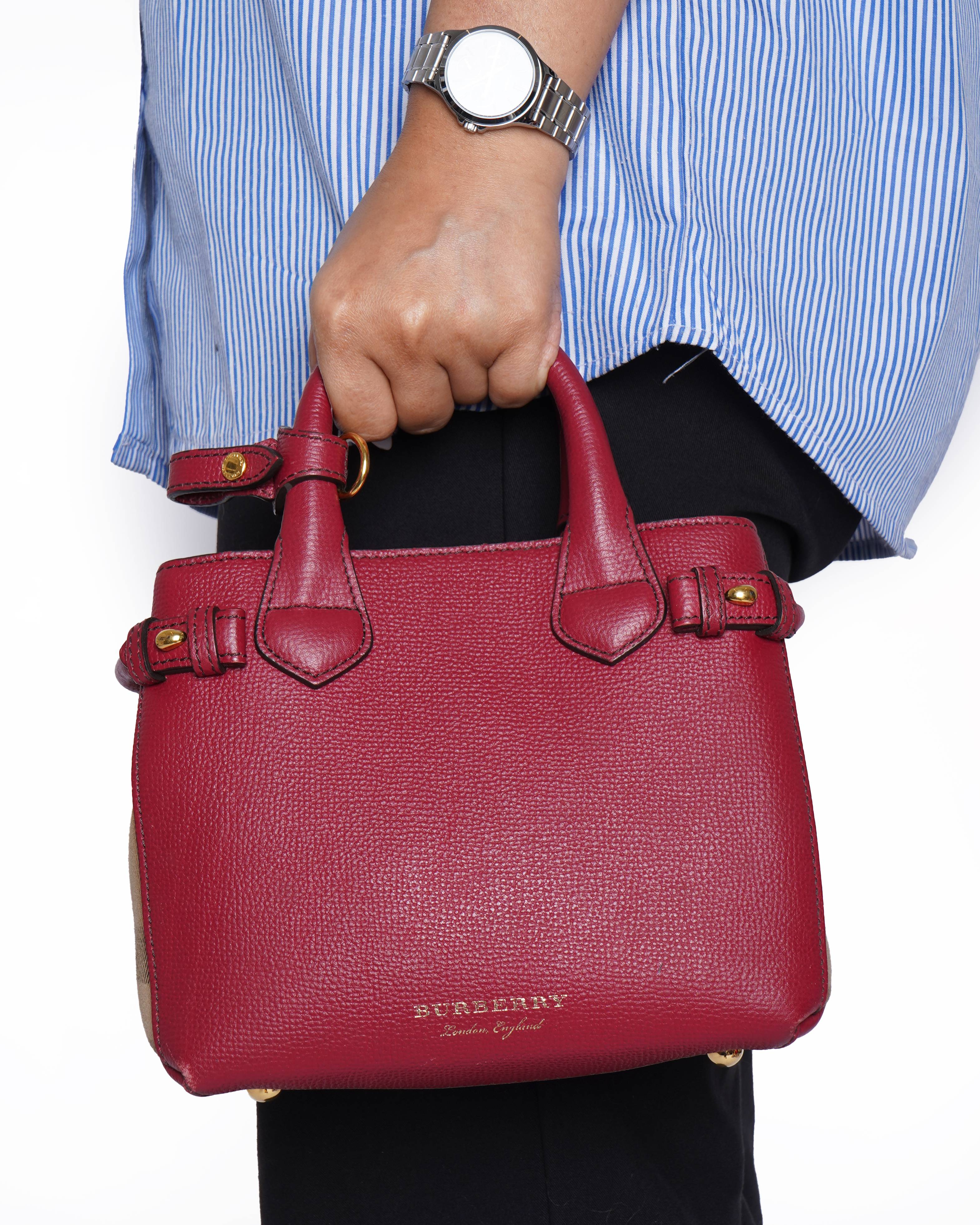 Burberry magenta leather house check canvas baby banner tote