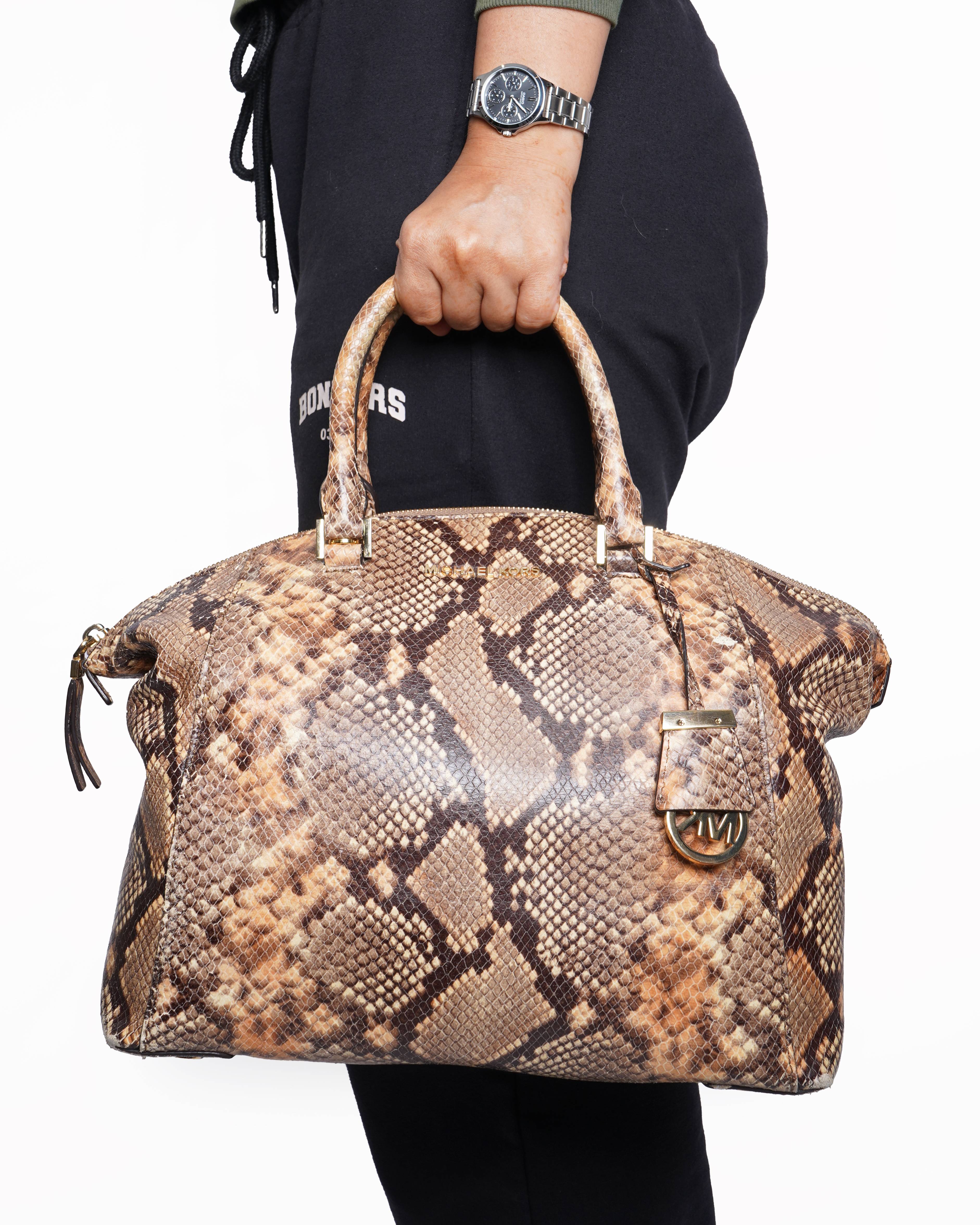 Michael Kors Embossed Leather Snakeskin Python Print Riley Satchel Hand Bag