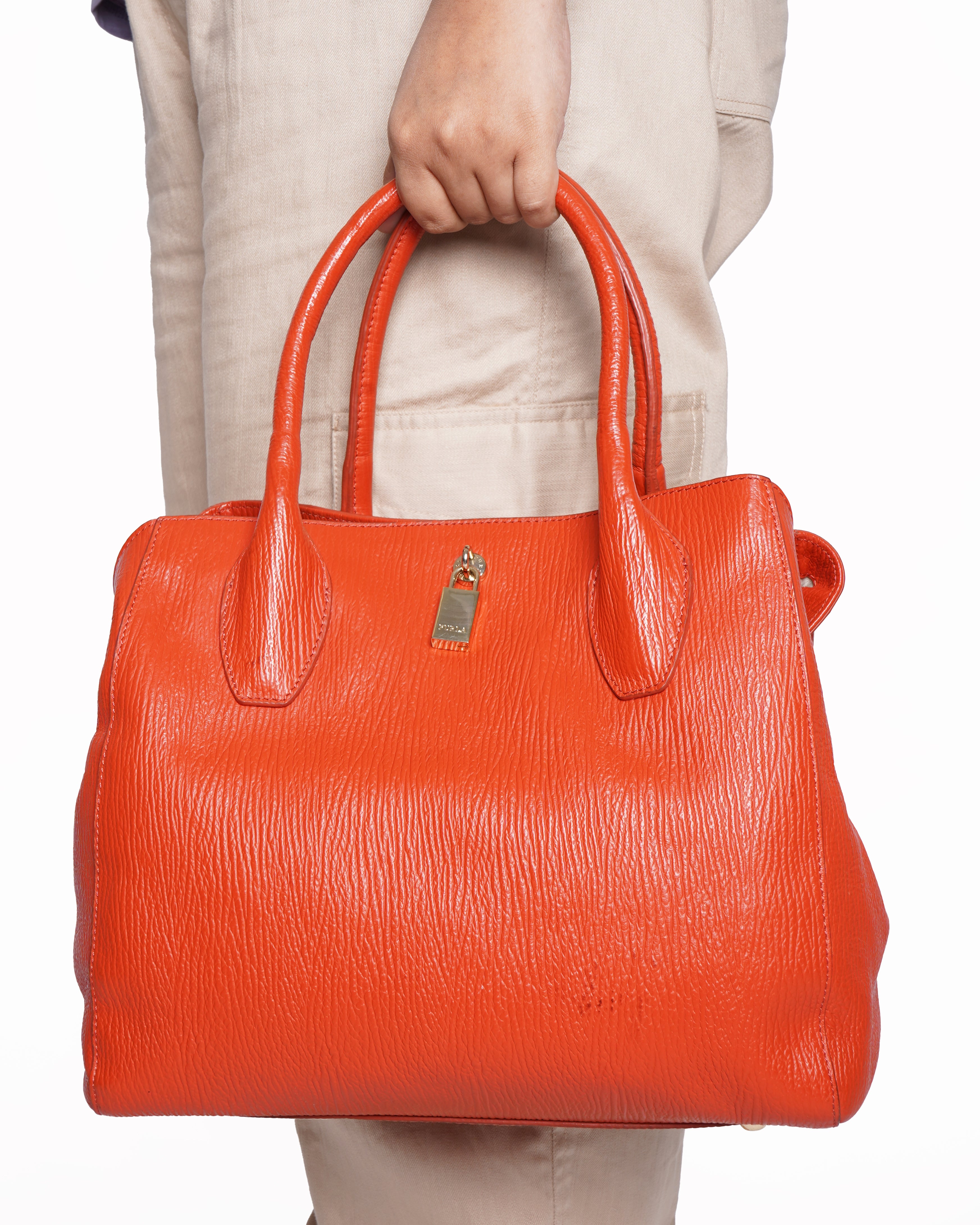 Furla red textured top handle bag