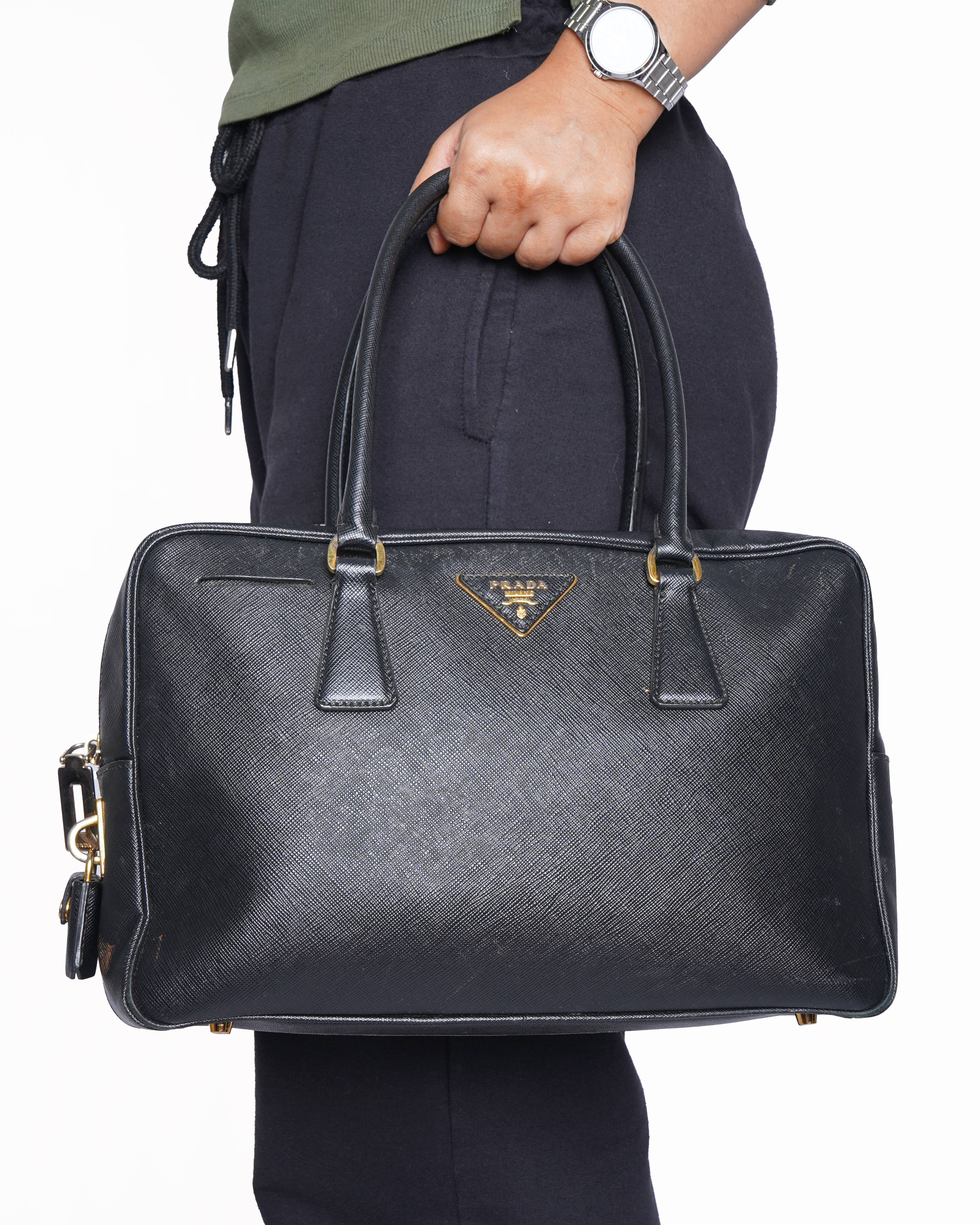 Prada black saffiano leather bauletto satchel in black