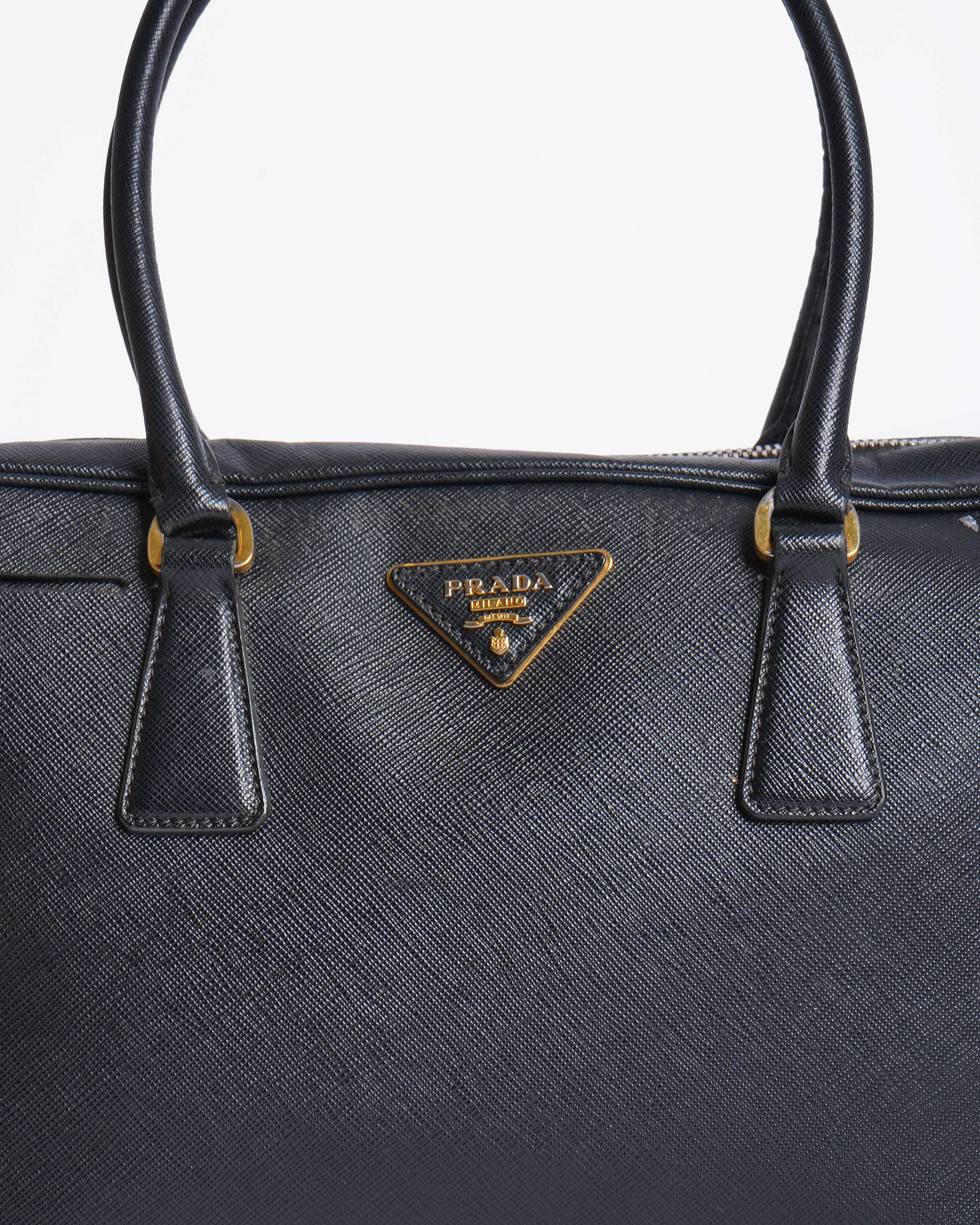 Prada black saffiano leather bauletto satchel in black