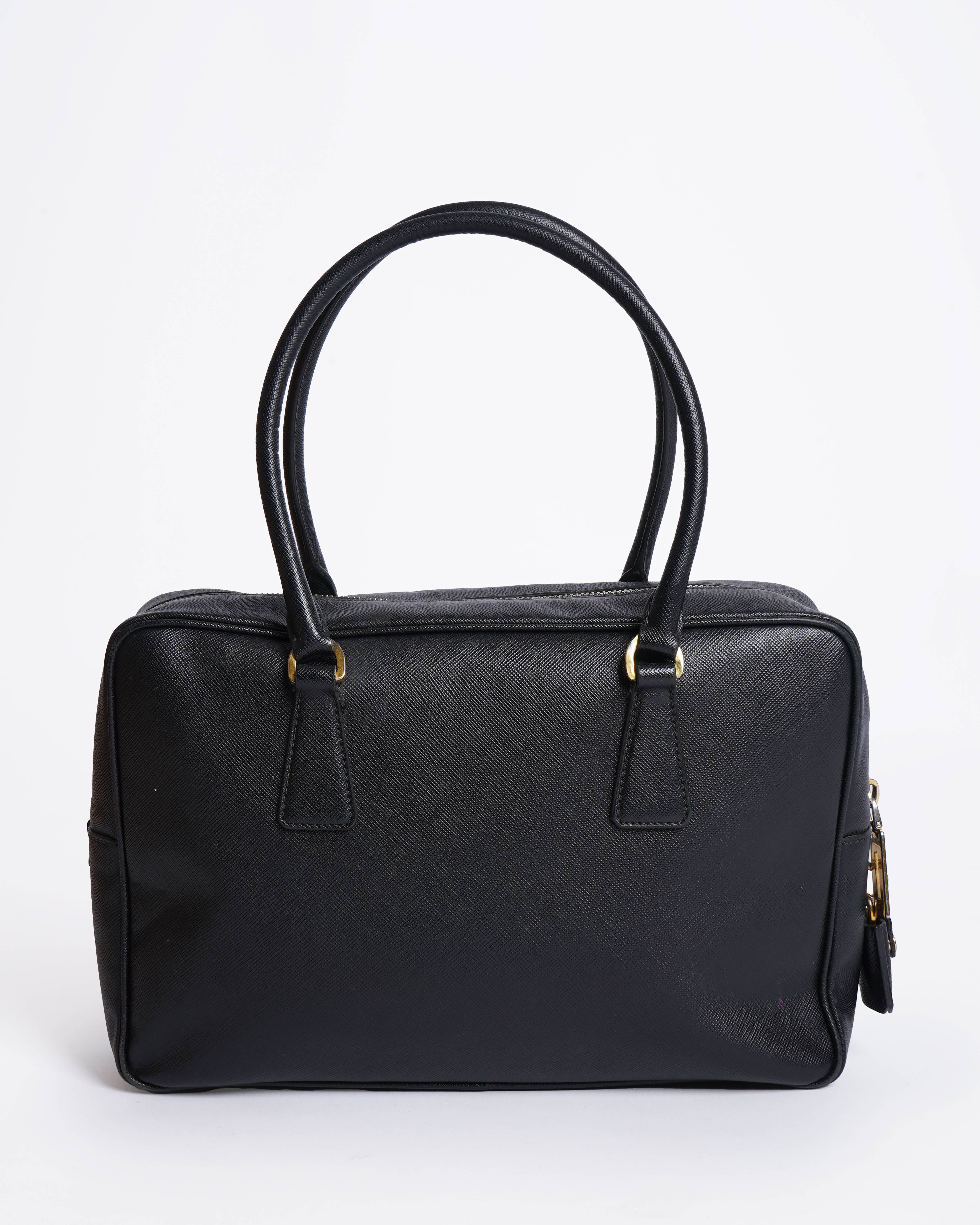 Prada black saffiano leather bauletto satchel in black