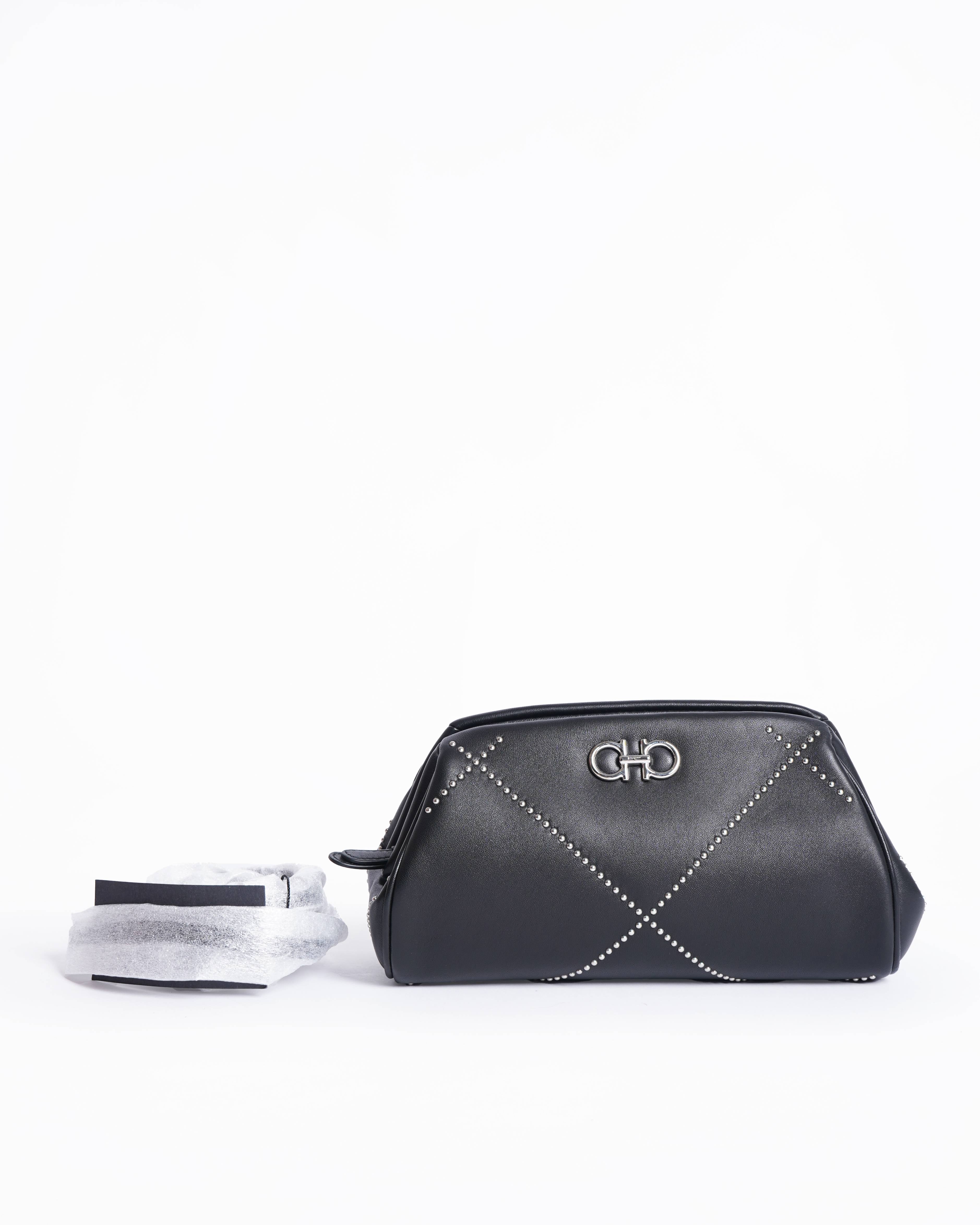 New Salvatore Ferragamo Gancini Studded Lambskin Clutch Bag With Shoulder Strap