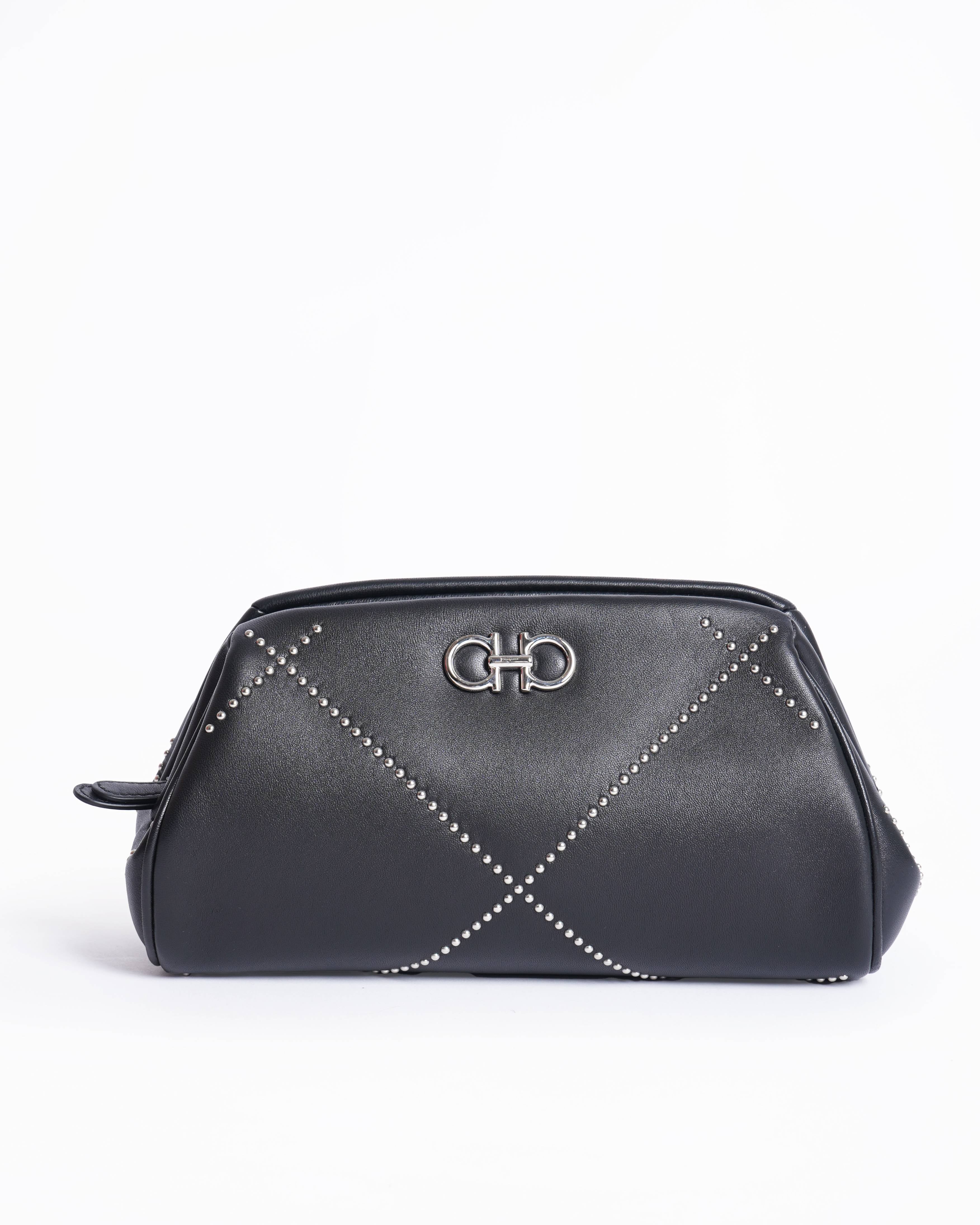 New Salvatore Ferragamo Gancini Studded Lambskin Clutch Bag With Shoulder Strap
