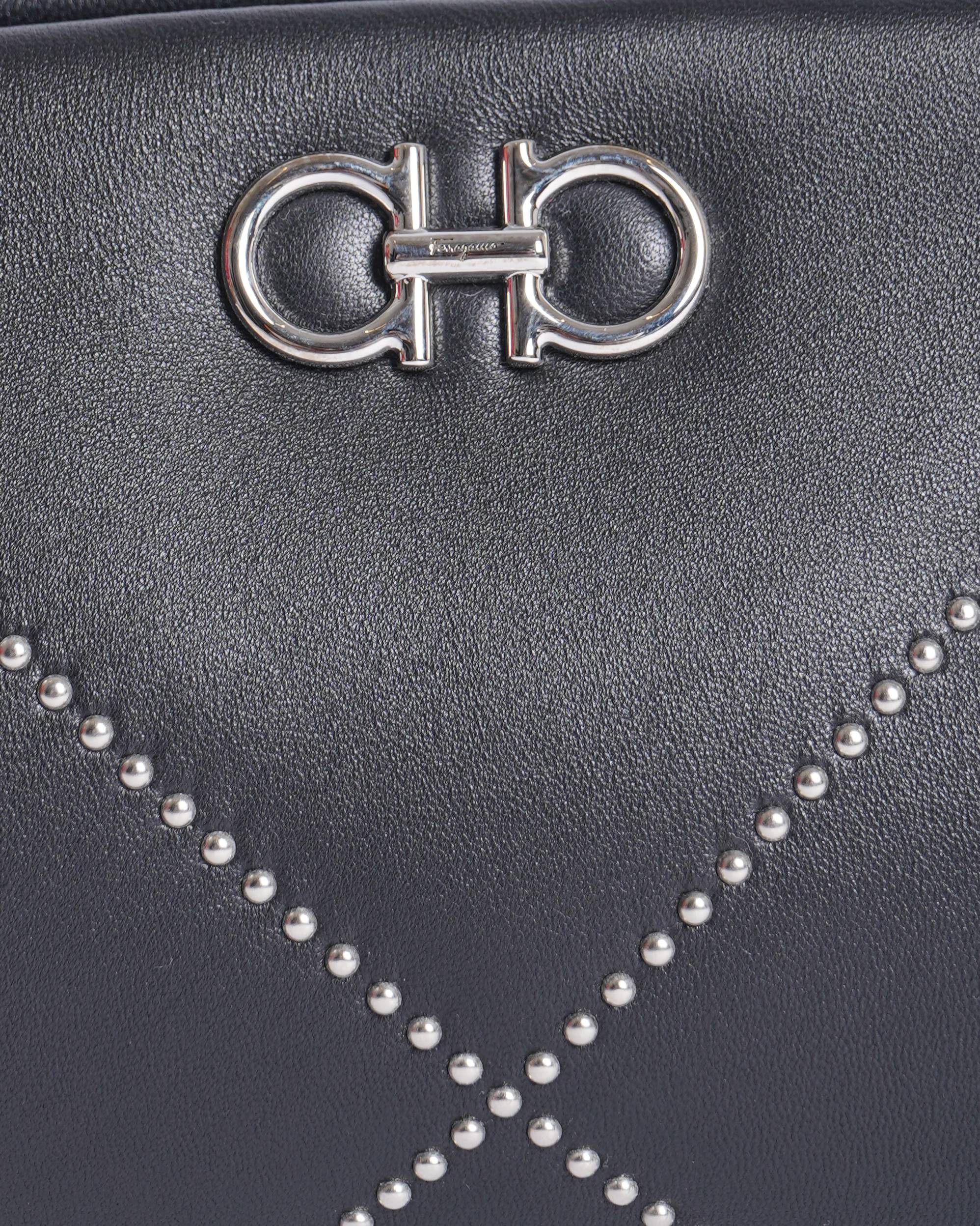 New Salvatore Ferragamo Gancini Studded Lambskin Clutch Bag With Shoulder Strap
