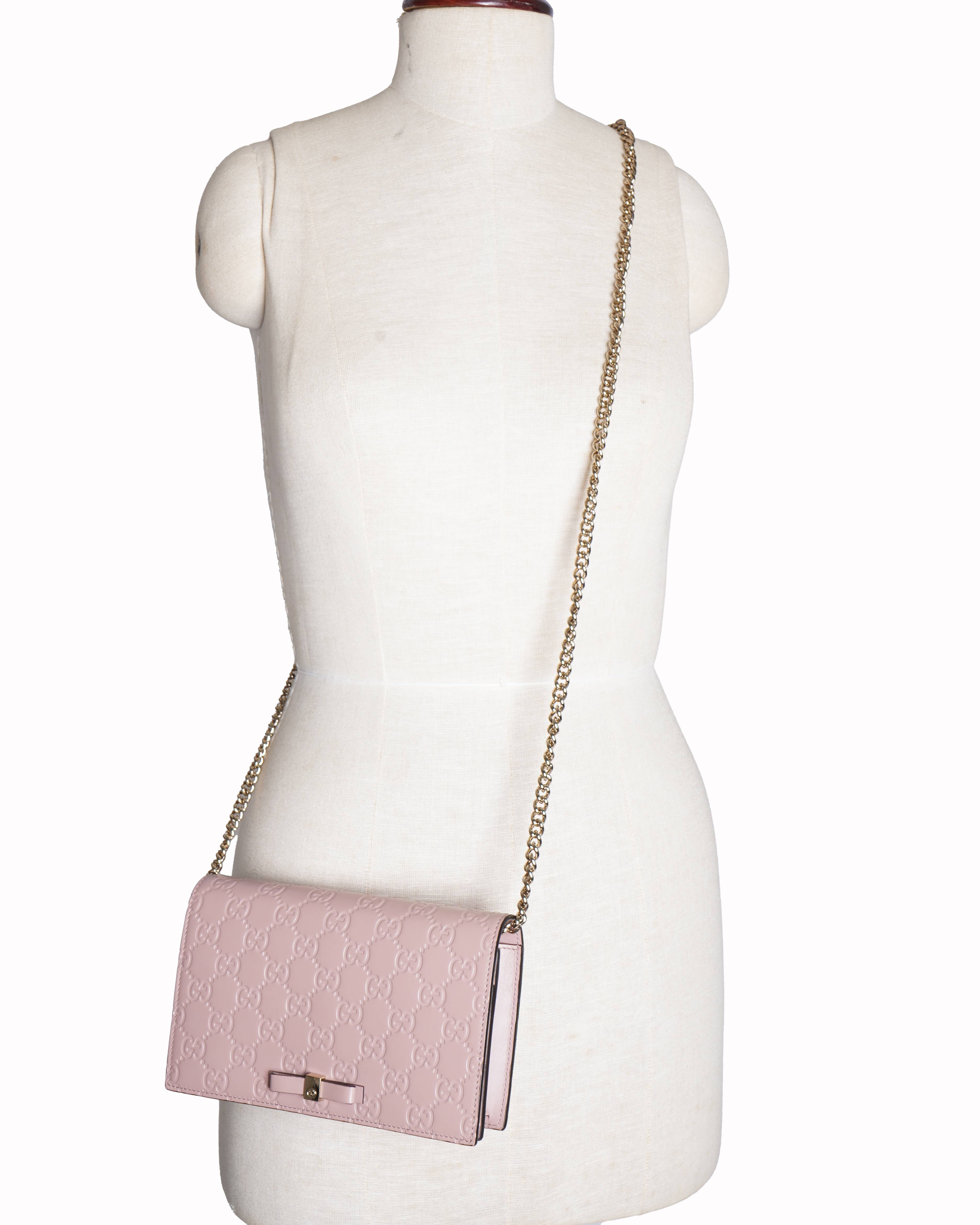 Gucci Pink Guccissima Leather Bow Flap Wallet on Chain