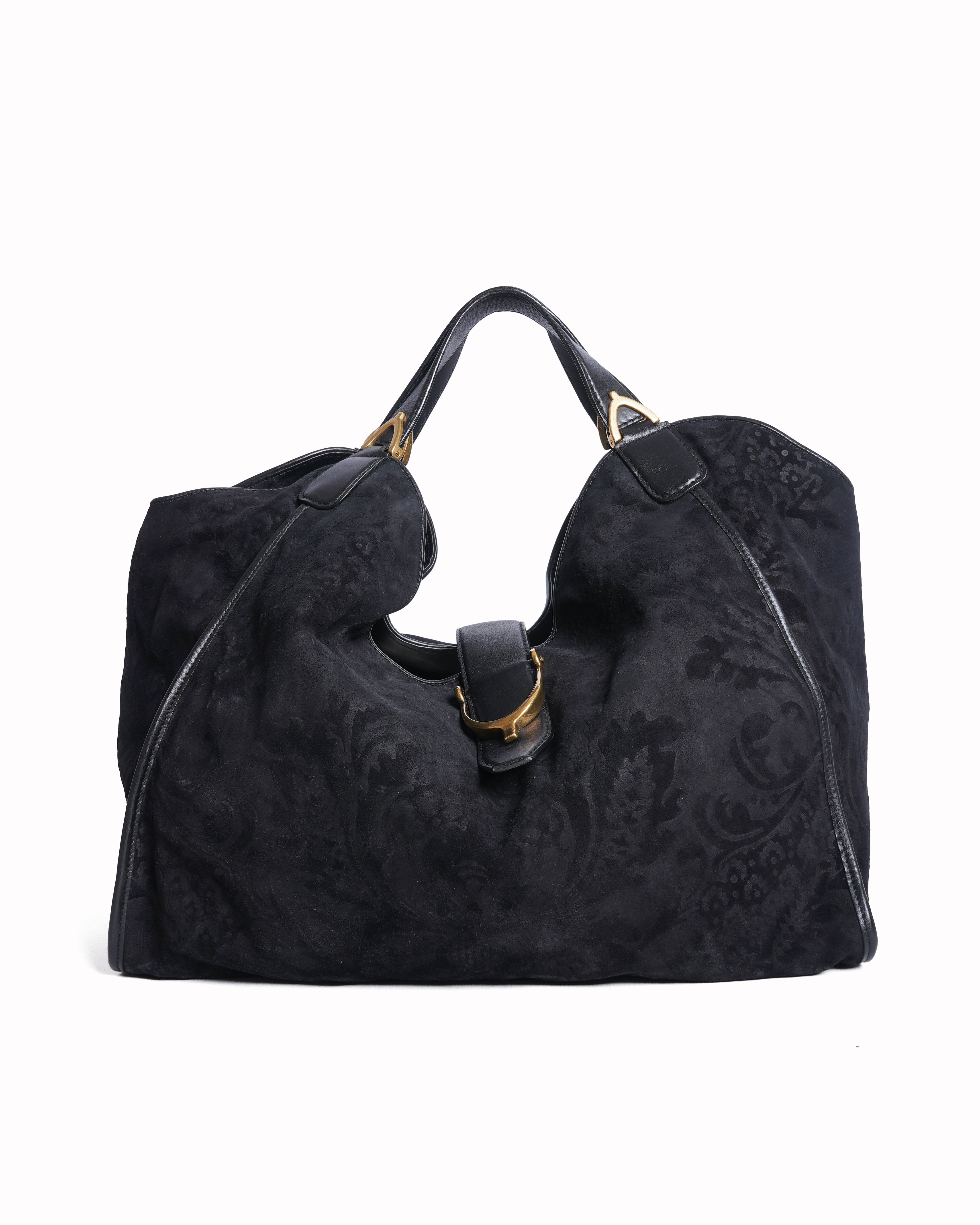 Gucci black brocade suede and leather stirup hobo bag
