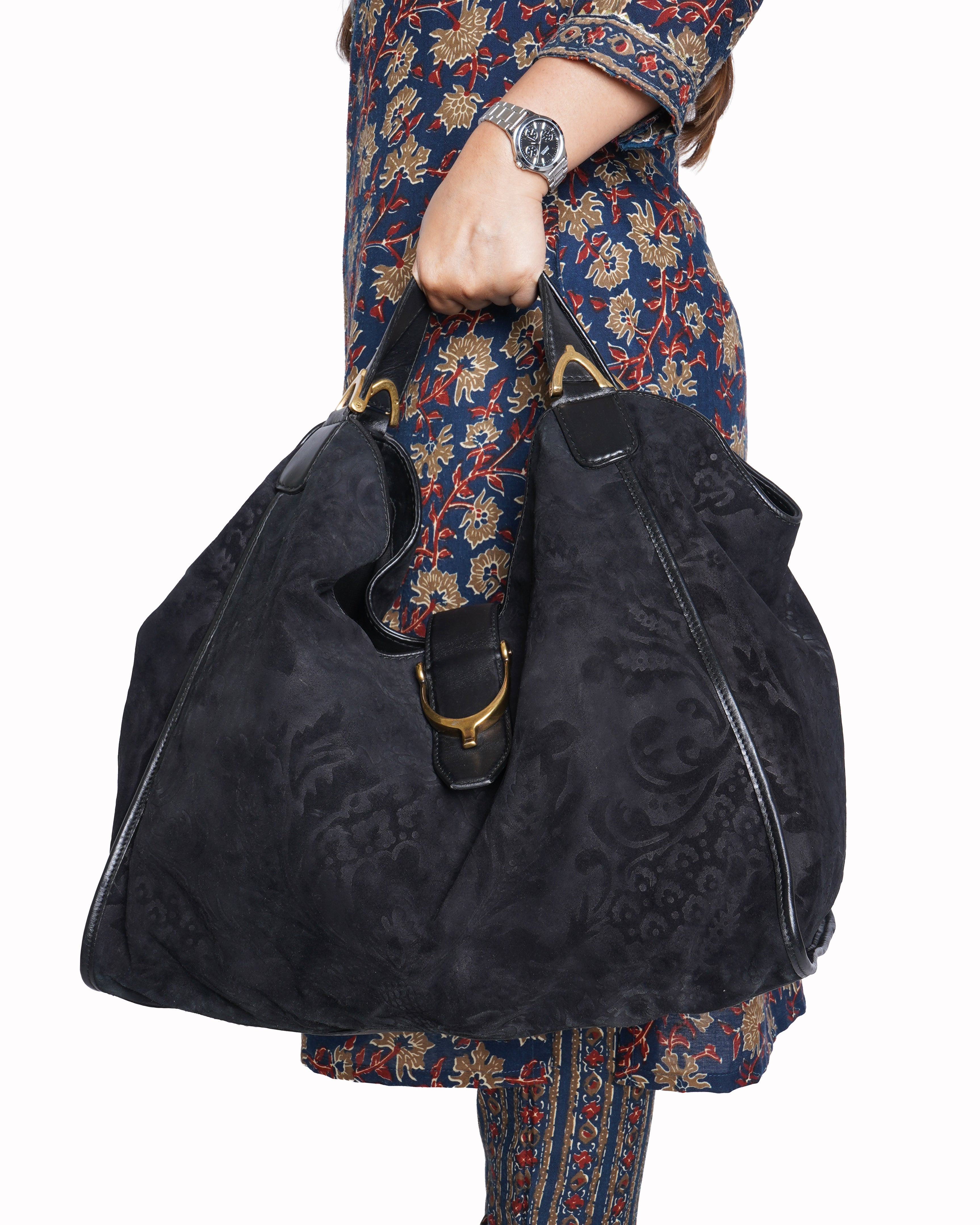 Gucci black brocade suede and leather stirup hobo bag