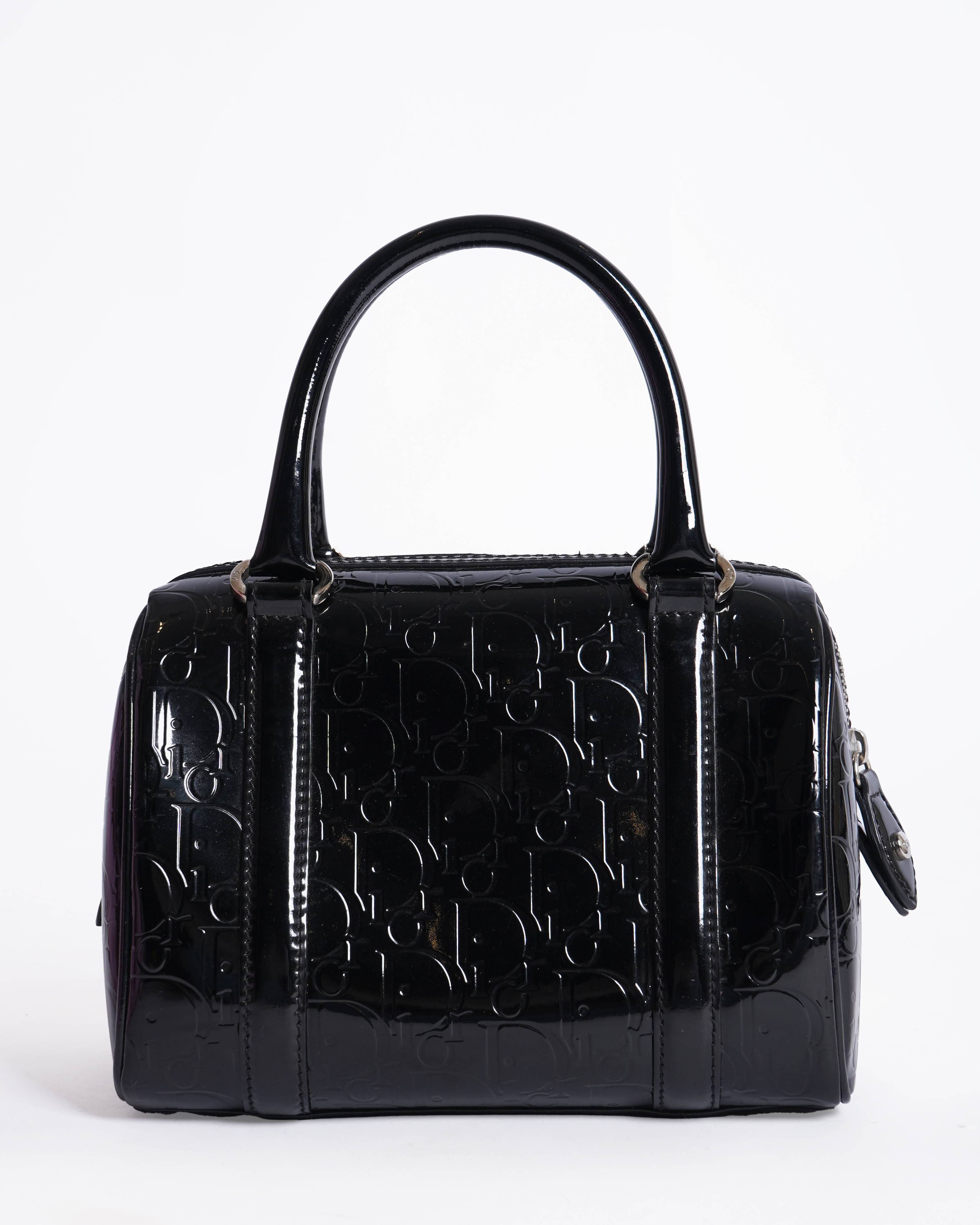 Christian dior boston bag in black monogram patent leather