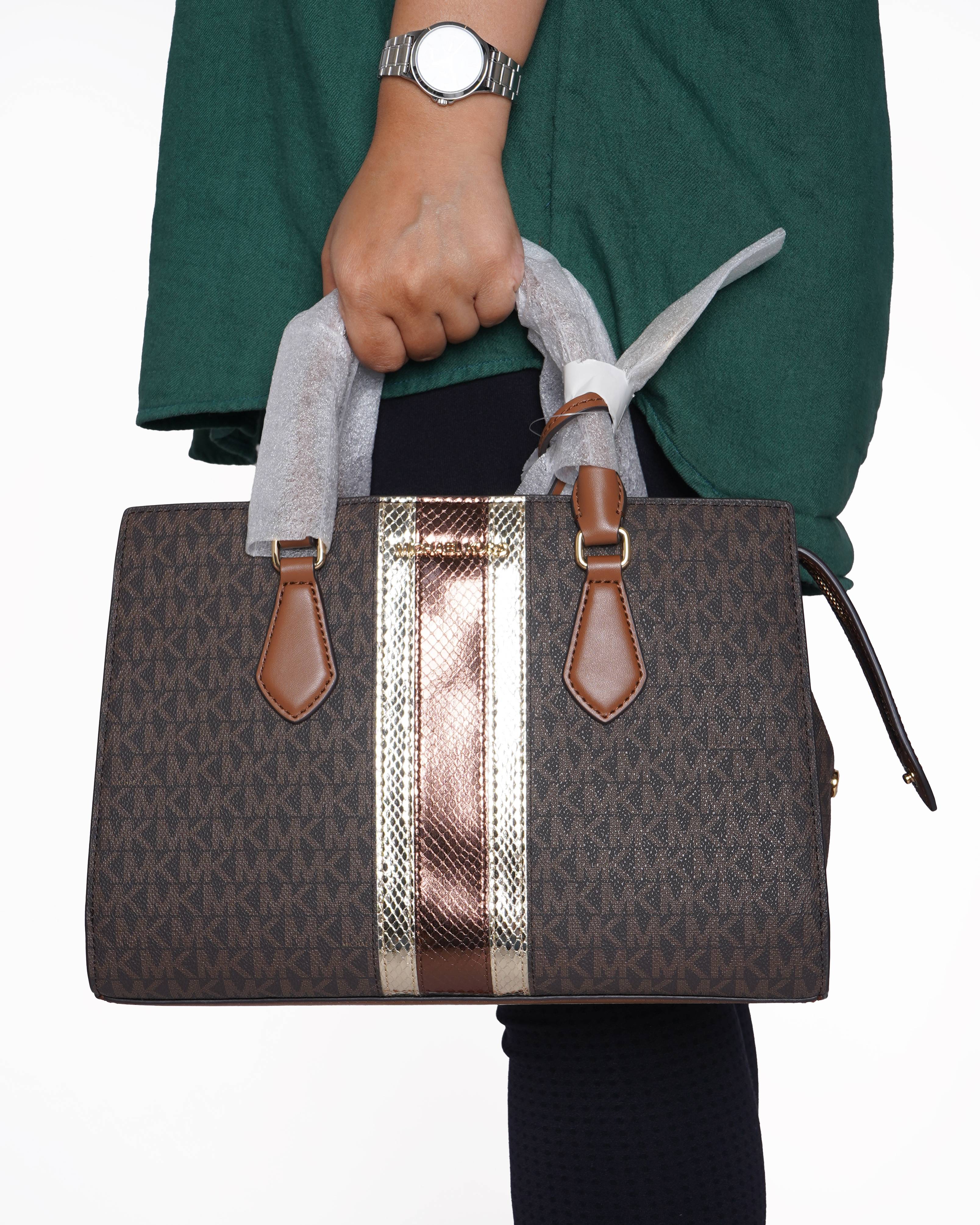 New Michael Kors Sheila Medium Signature Logo and Metallic Satchel