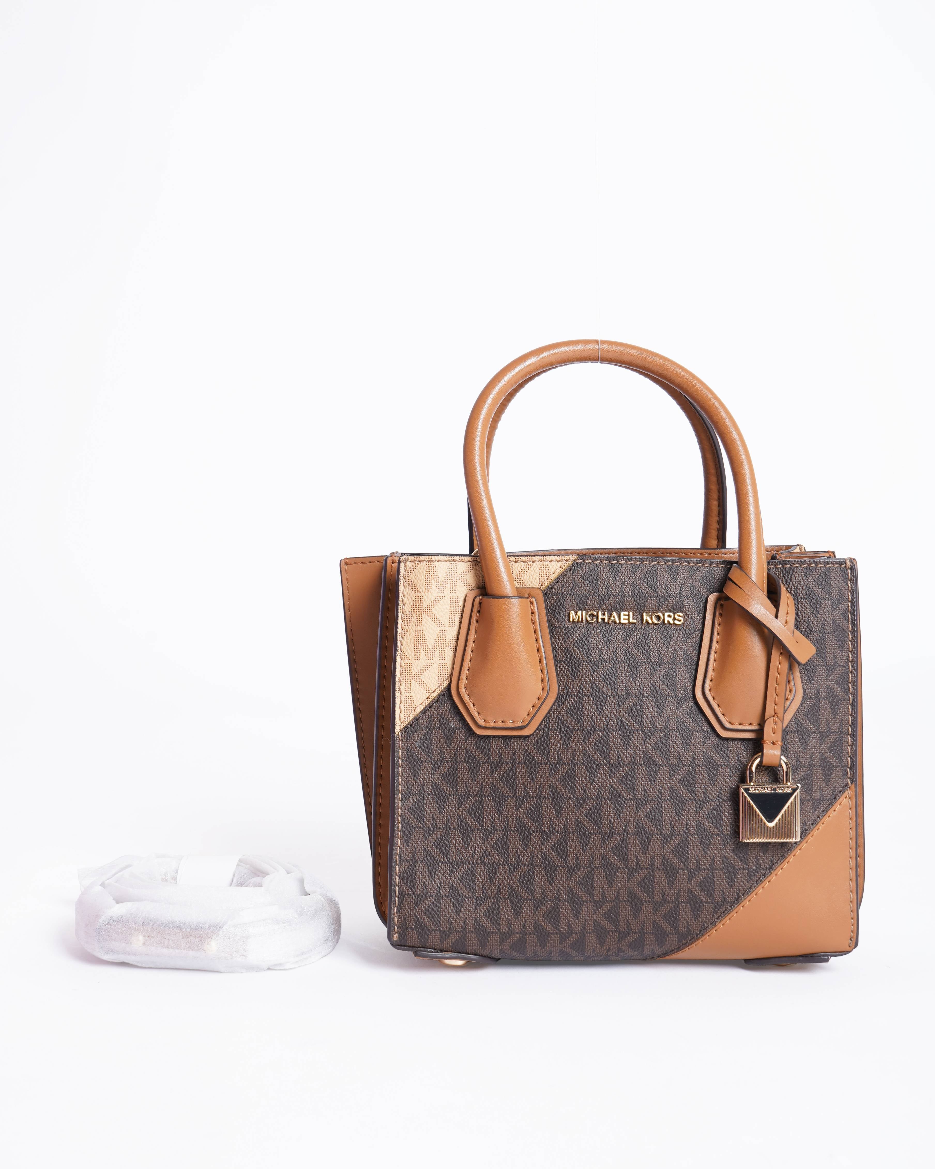 New Michael Kors Brown/Tan Signature Coated Canvas and Leather Mercer Tote