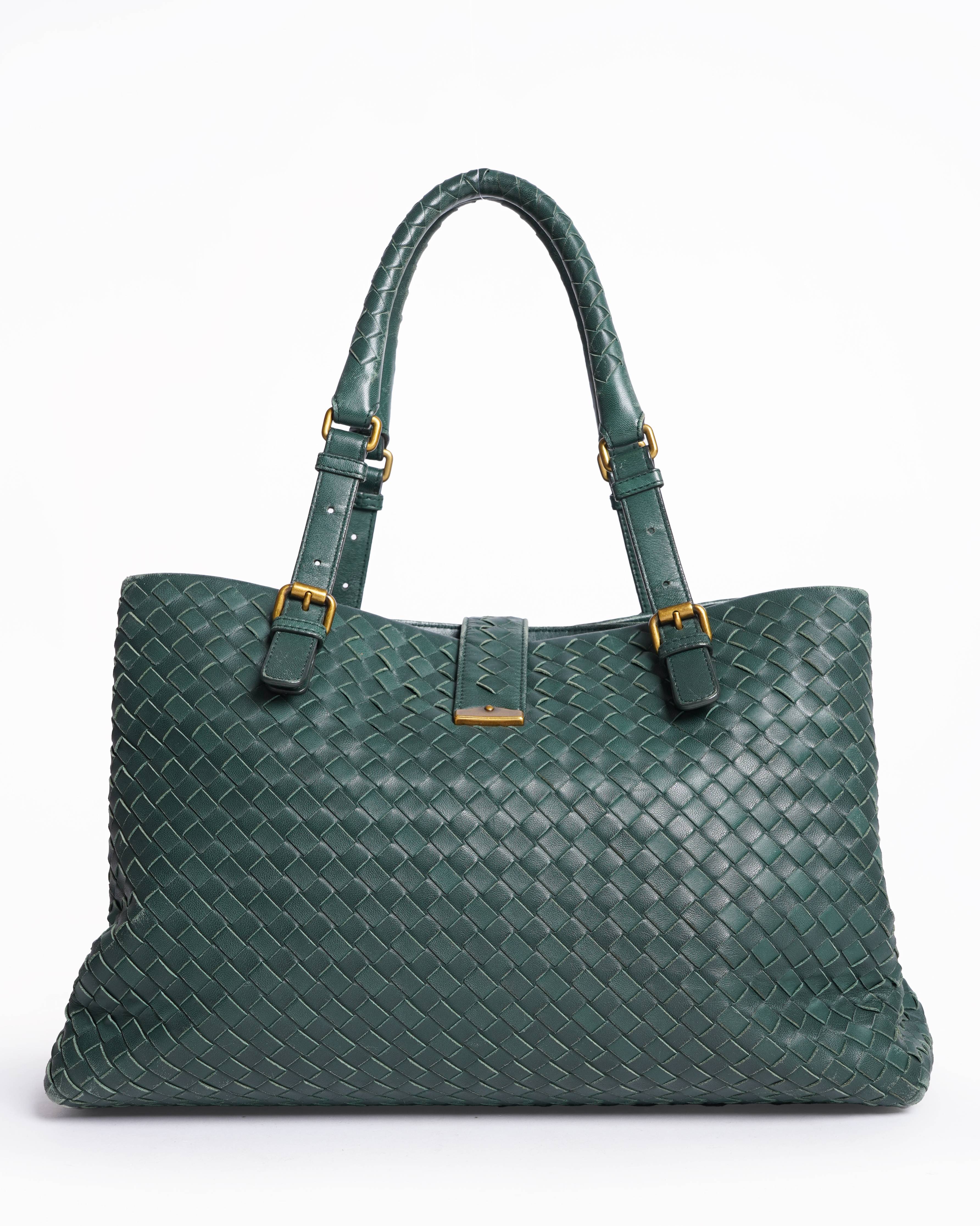 Bottega Veneta Green Intrecciato Leather Roma Tote Bag