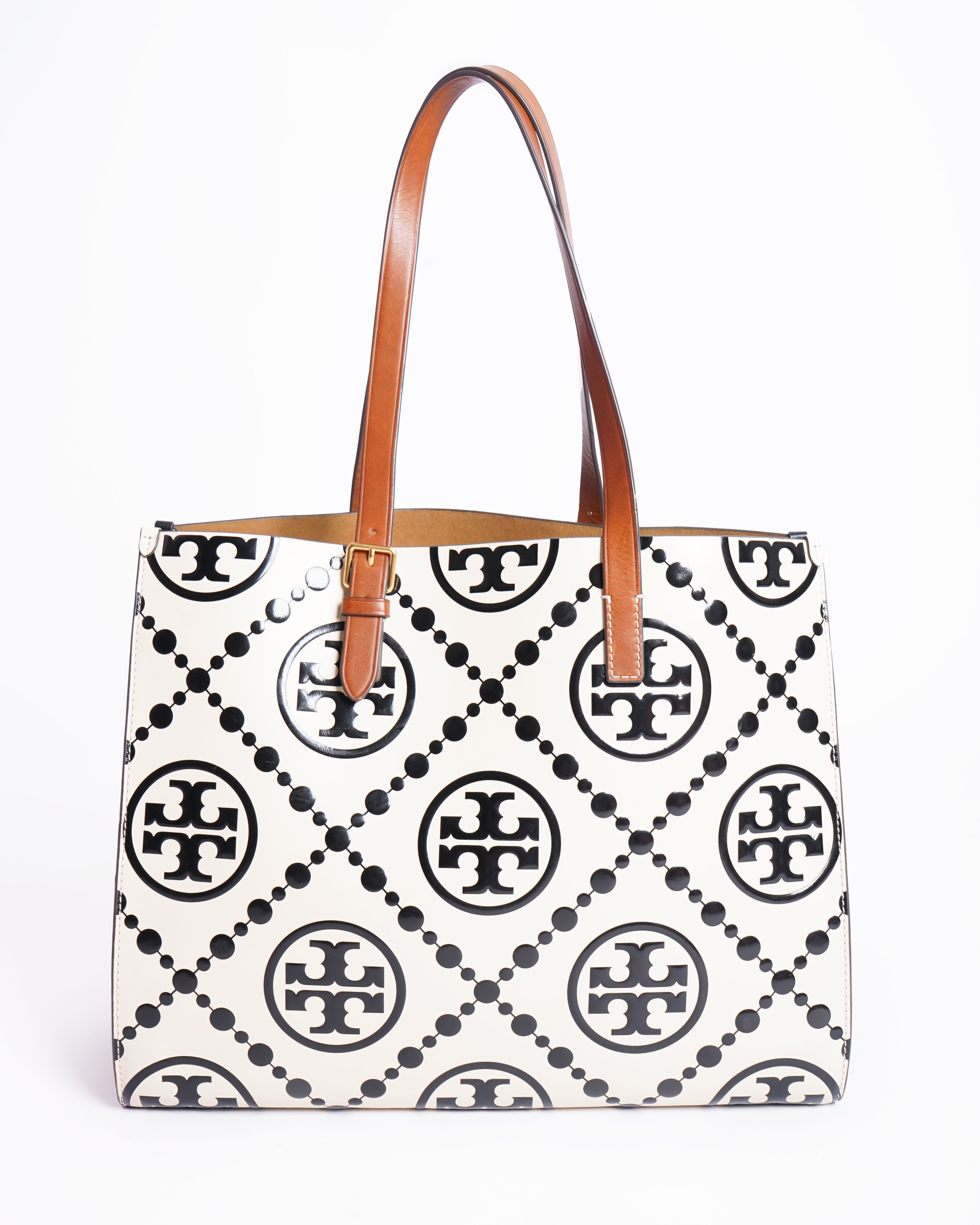 Tory Burch Black/Off-White T Monogram Embossed Leather Tote