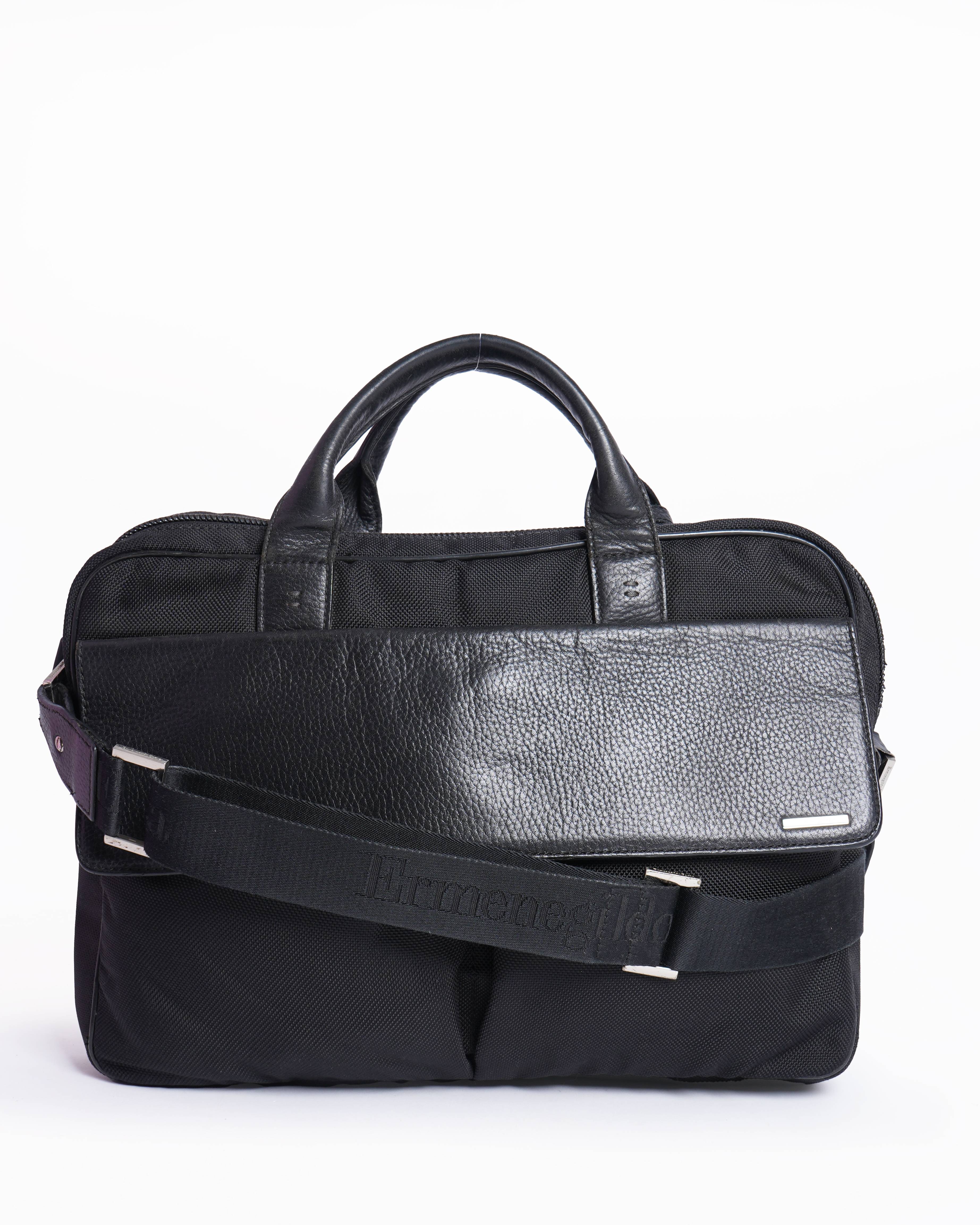 Ermenegildo Zegna Black Nylon & Leather Briefcase Bag