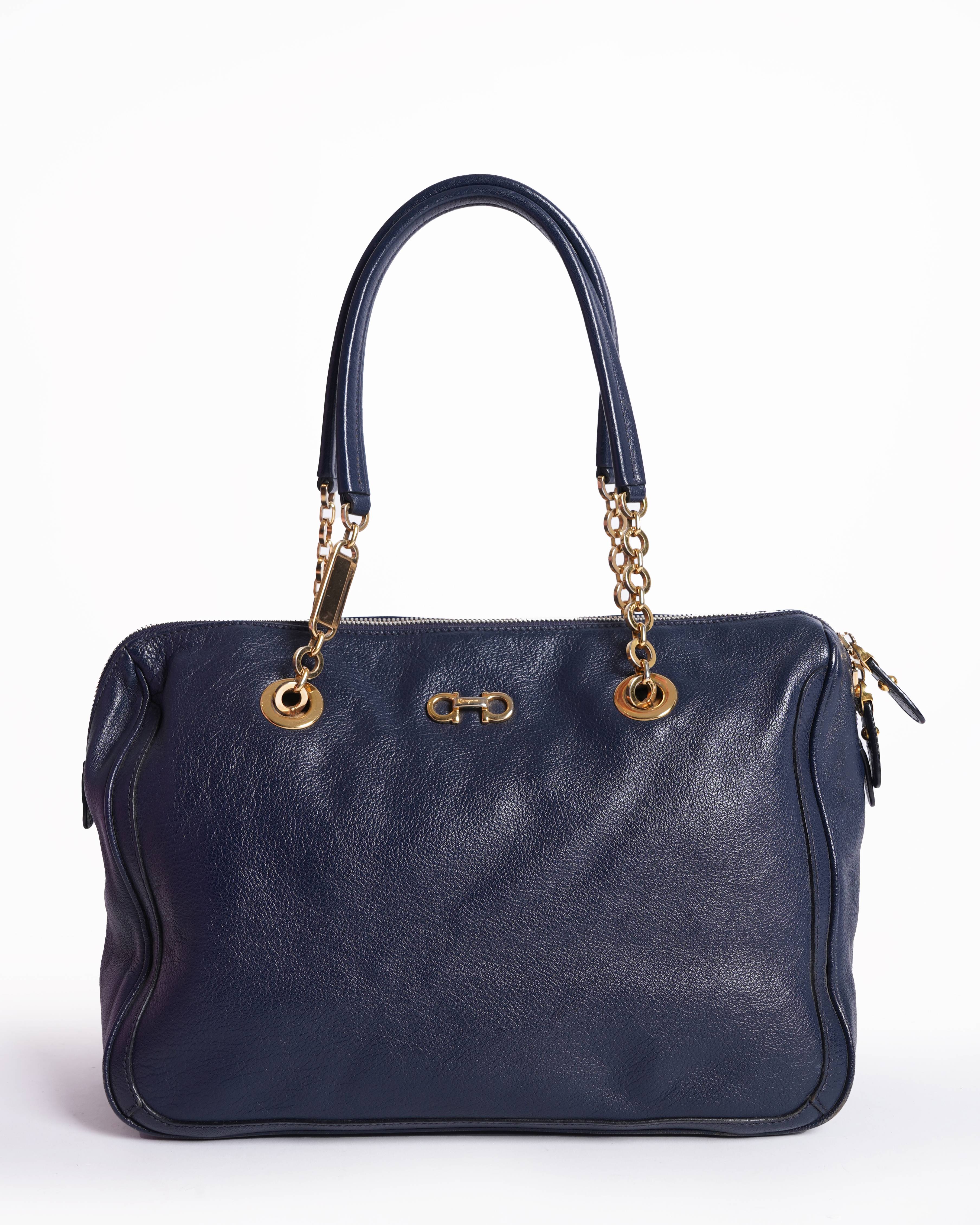 Salvatore ferragamo blue leather Fanya chain tote Bag