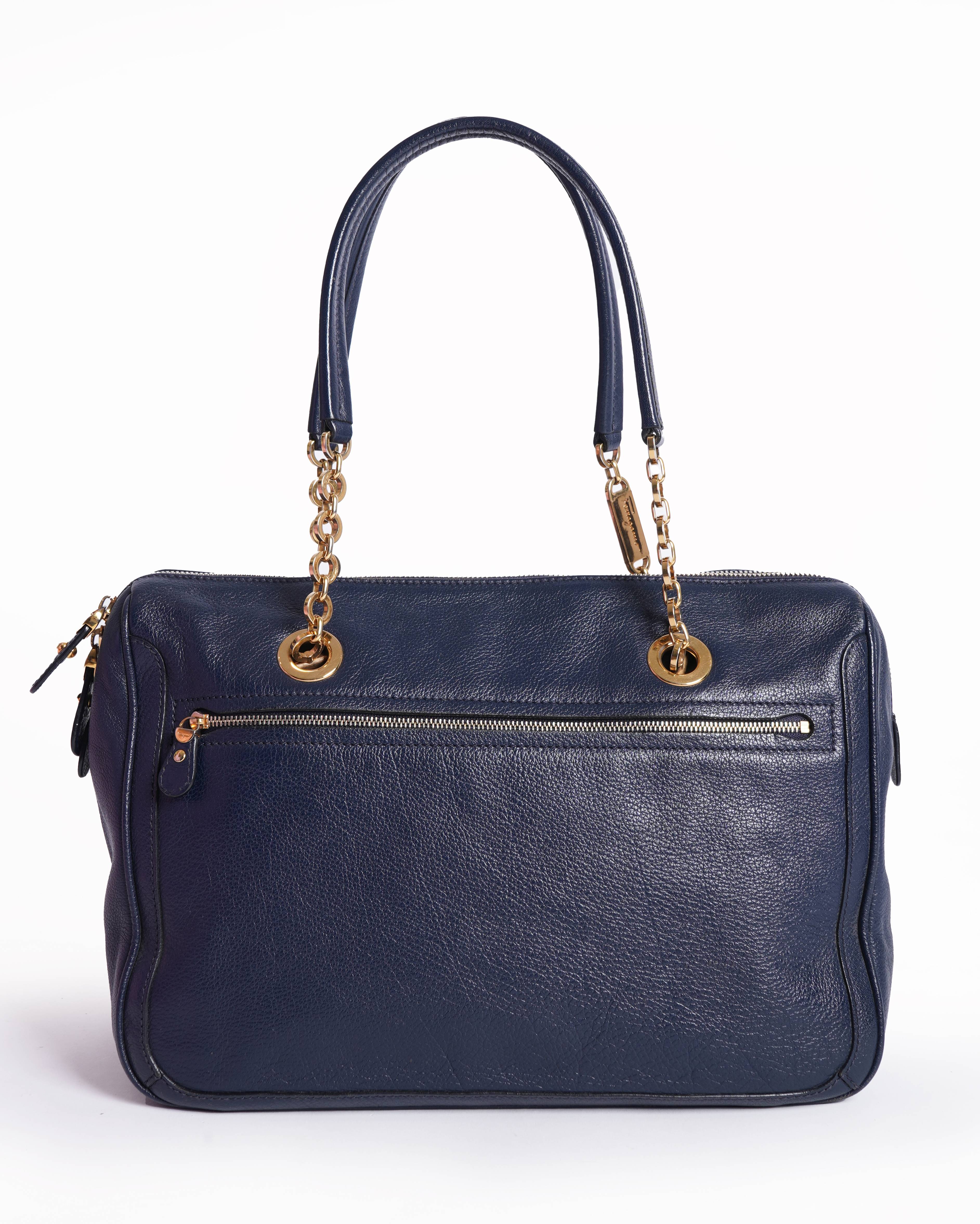 Salvatore ferragamo blue leather Fanya chain tote Bag