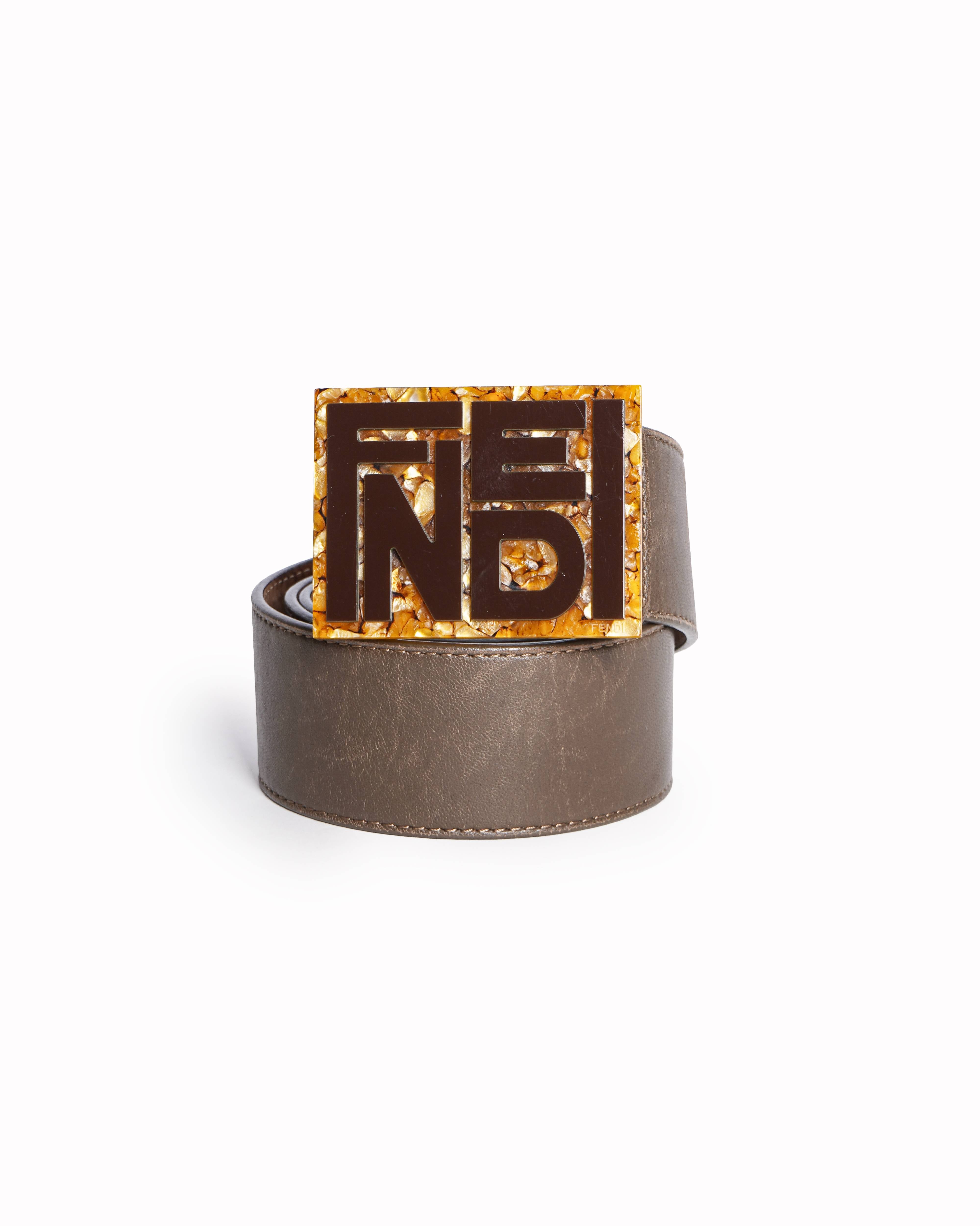 Fendi Zucca Typographic Plaque Brown Leather Belt