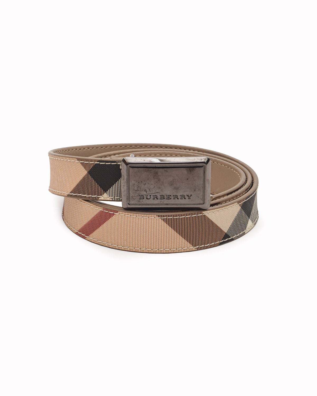 Burberry Check Coated-Canvas Plaque Buckle Belt