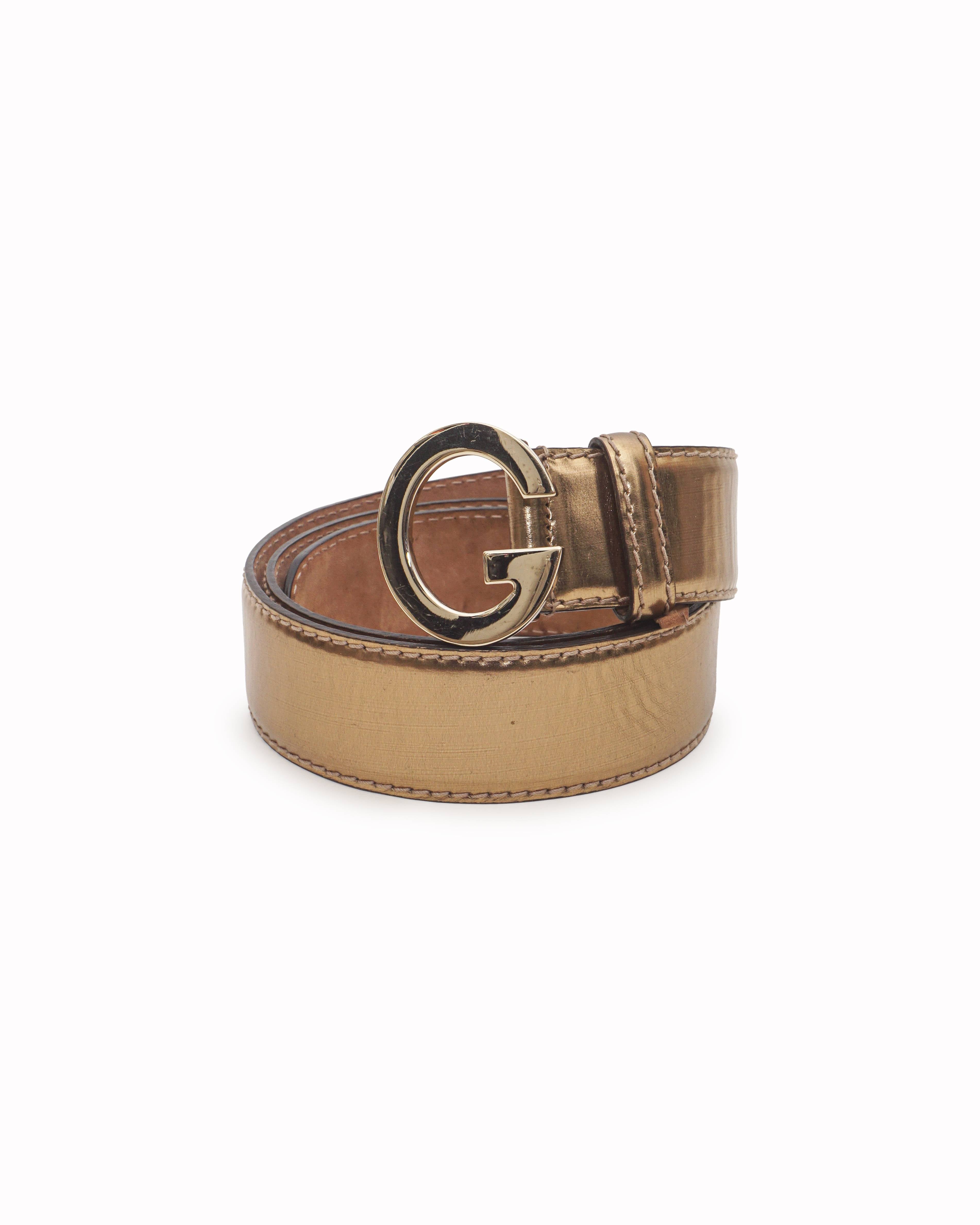 Gucci Gold Metallic Leather G Buckle Belt