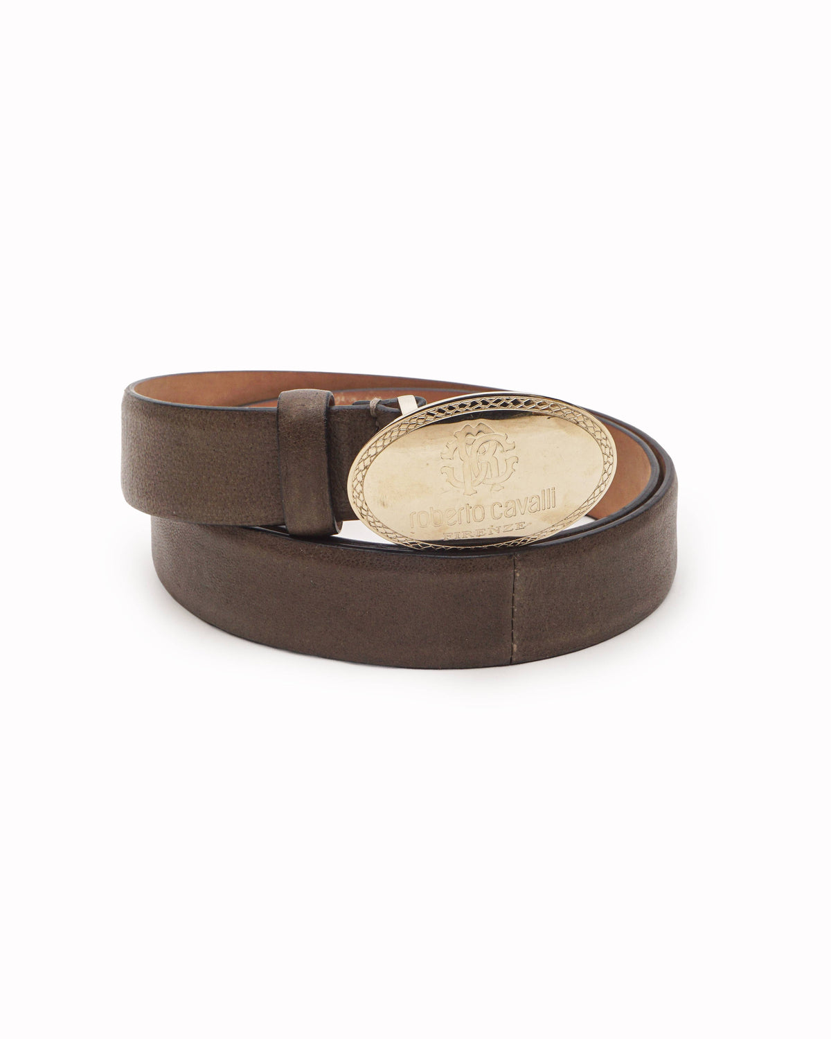 Roberto Cavalli Brown Leather Belt with Oval Gold-Tone Logo Buckle