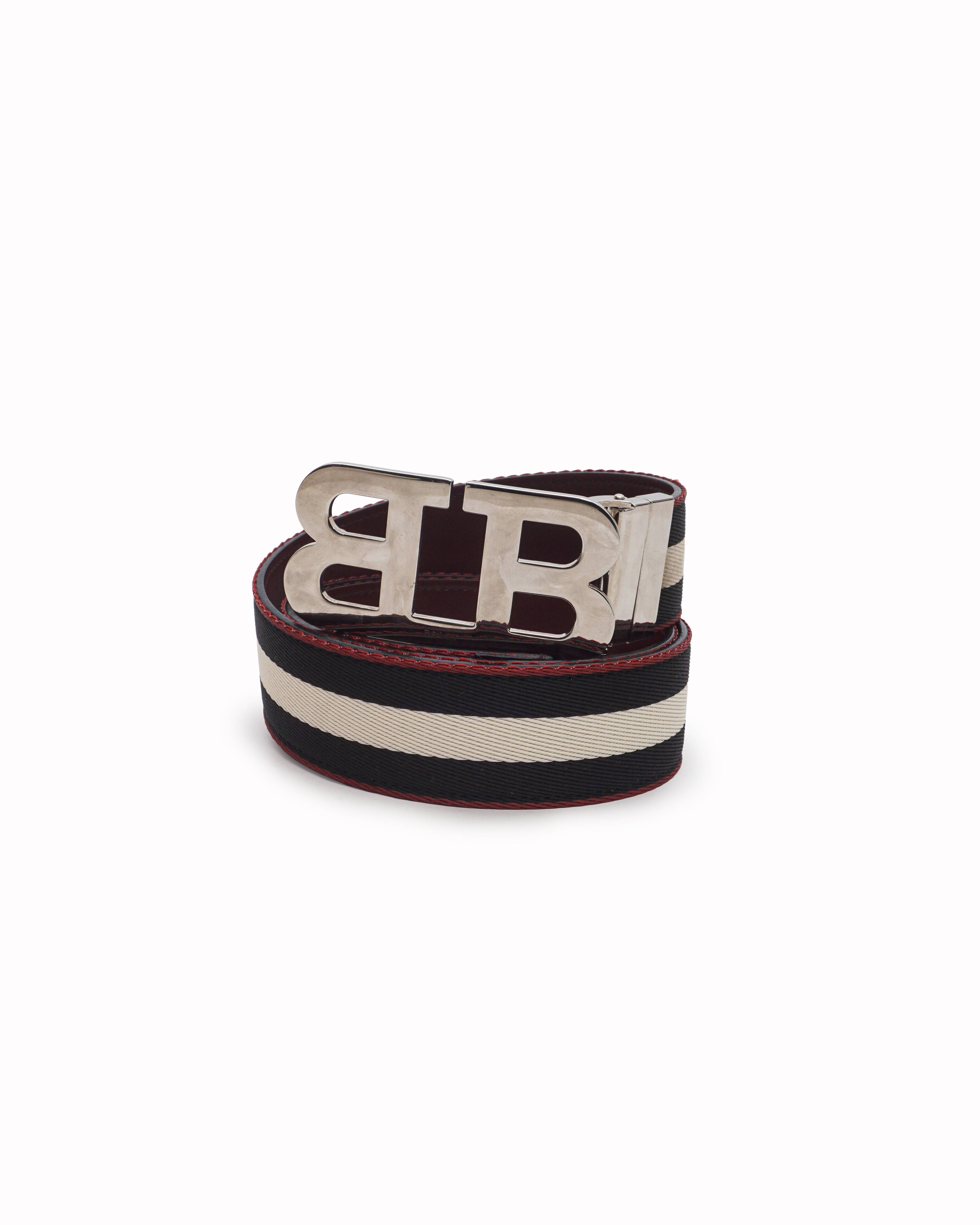 Bally Mirror B-Buckle Striped Canvas Reversible Belt