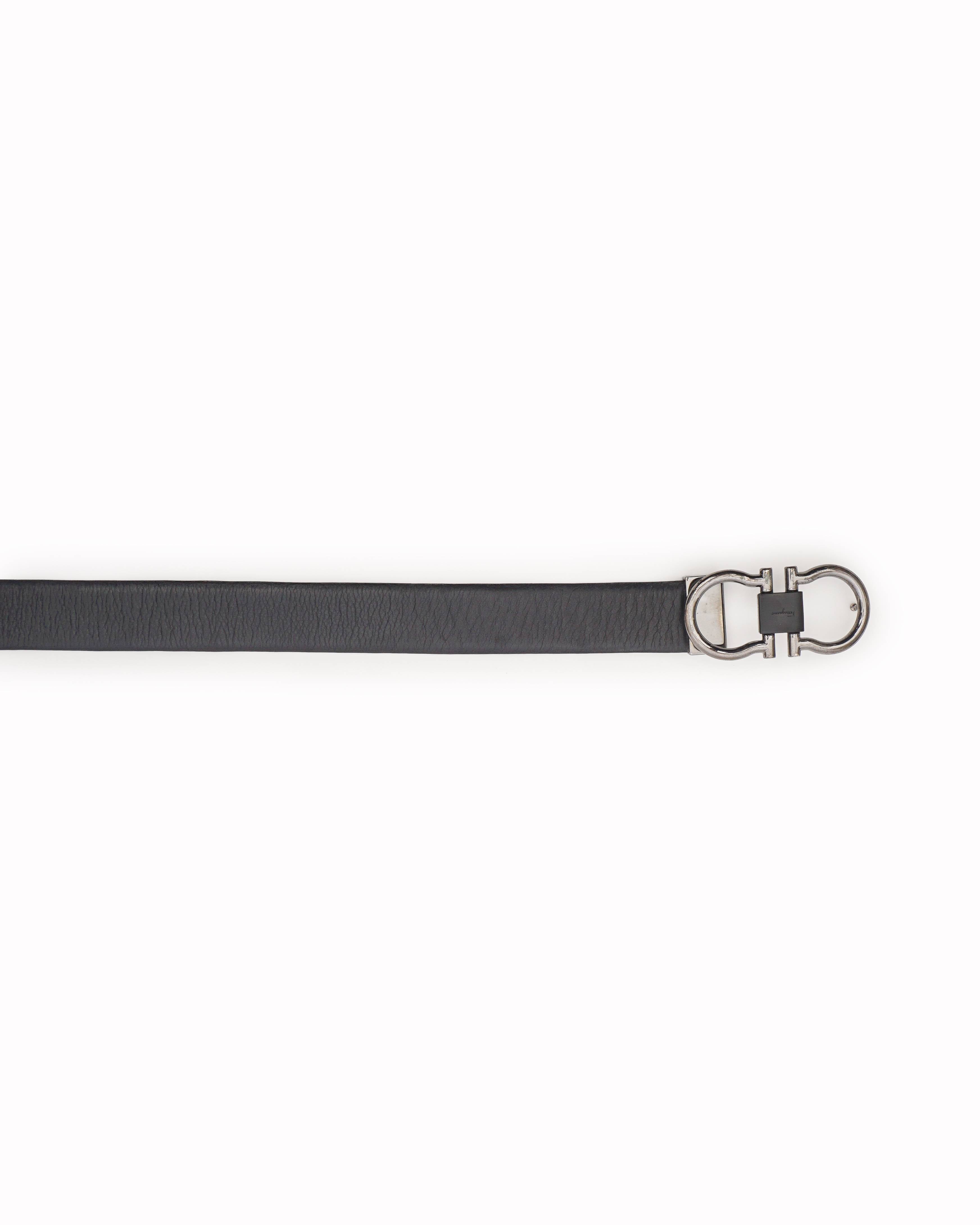Salvatore Ferragamo Black Leather Gunmetal Gancini Belt
