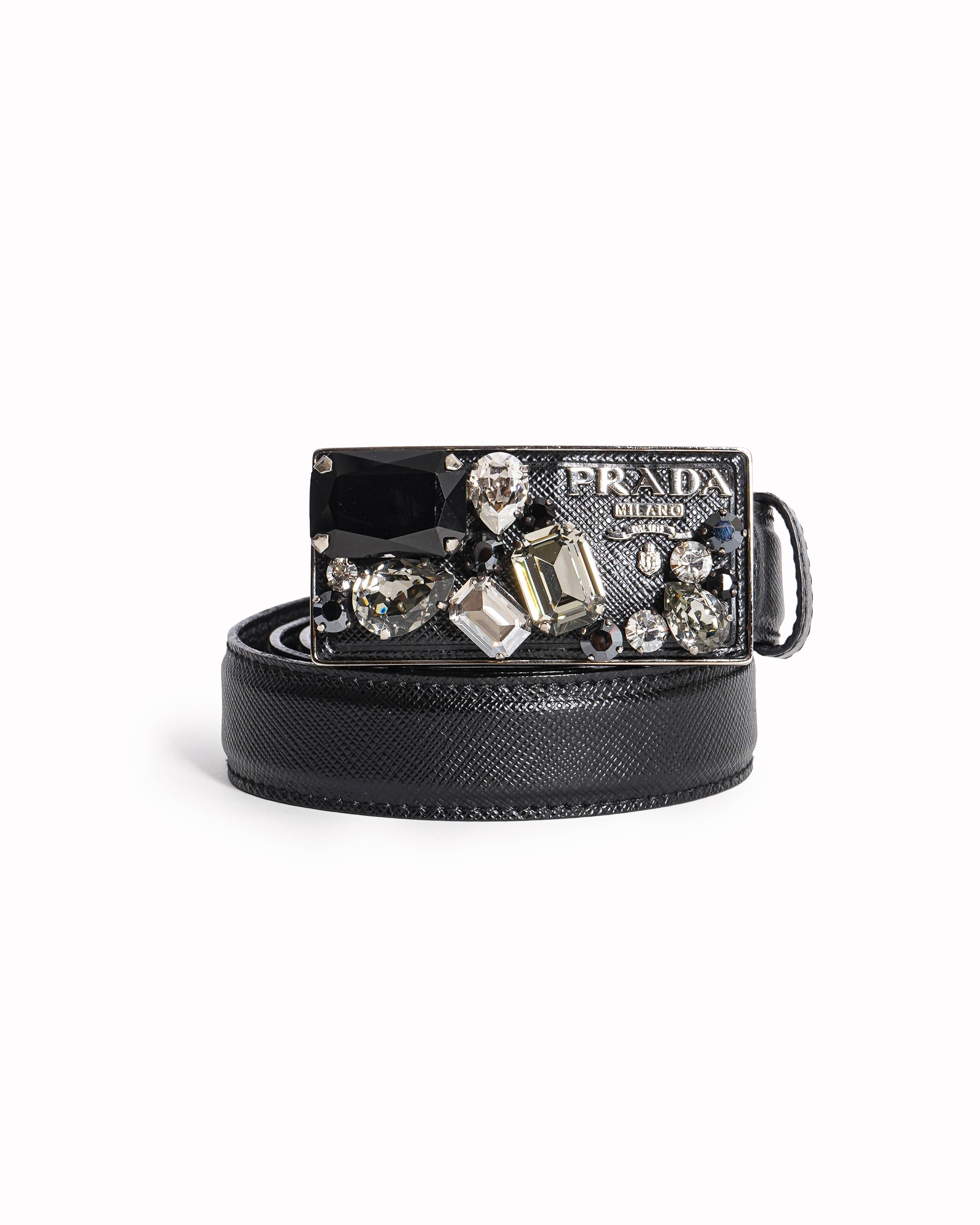 Prada Crystal-Embellished Logo Plaque Saffiano Leather Belt