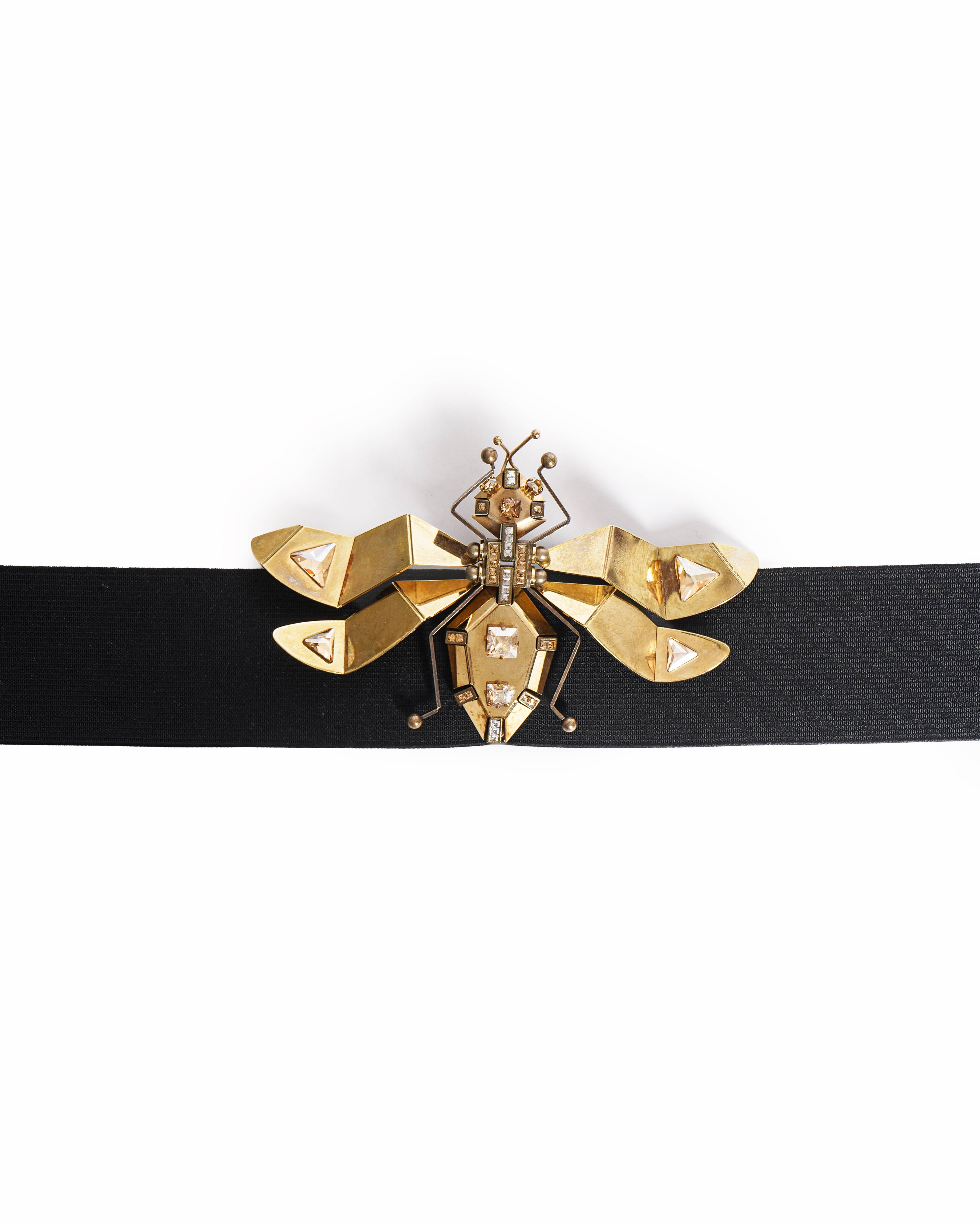 Lanvin Black Elastic Waist Belt Gold Crystal Bee Brooch