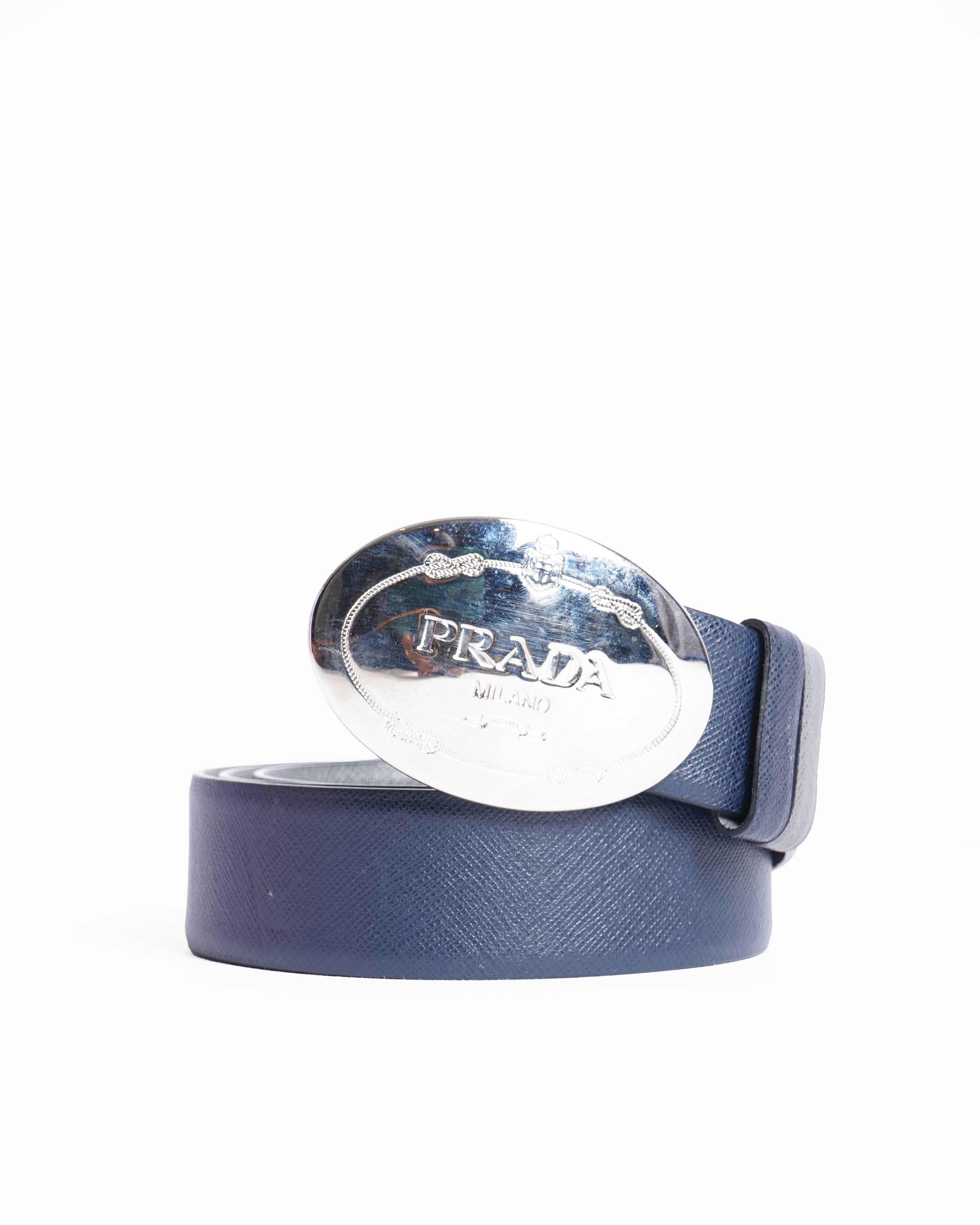 Prada Men's Buckle Belt In Navy Blue