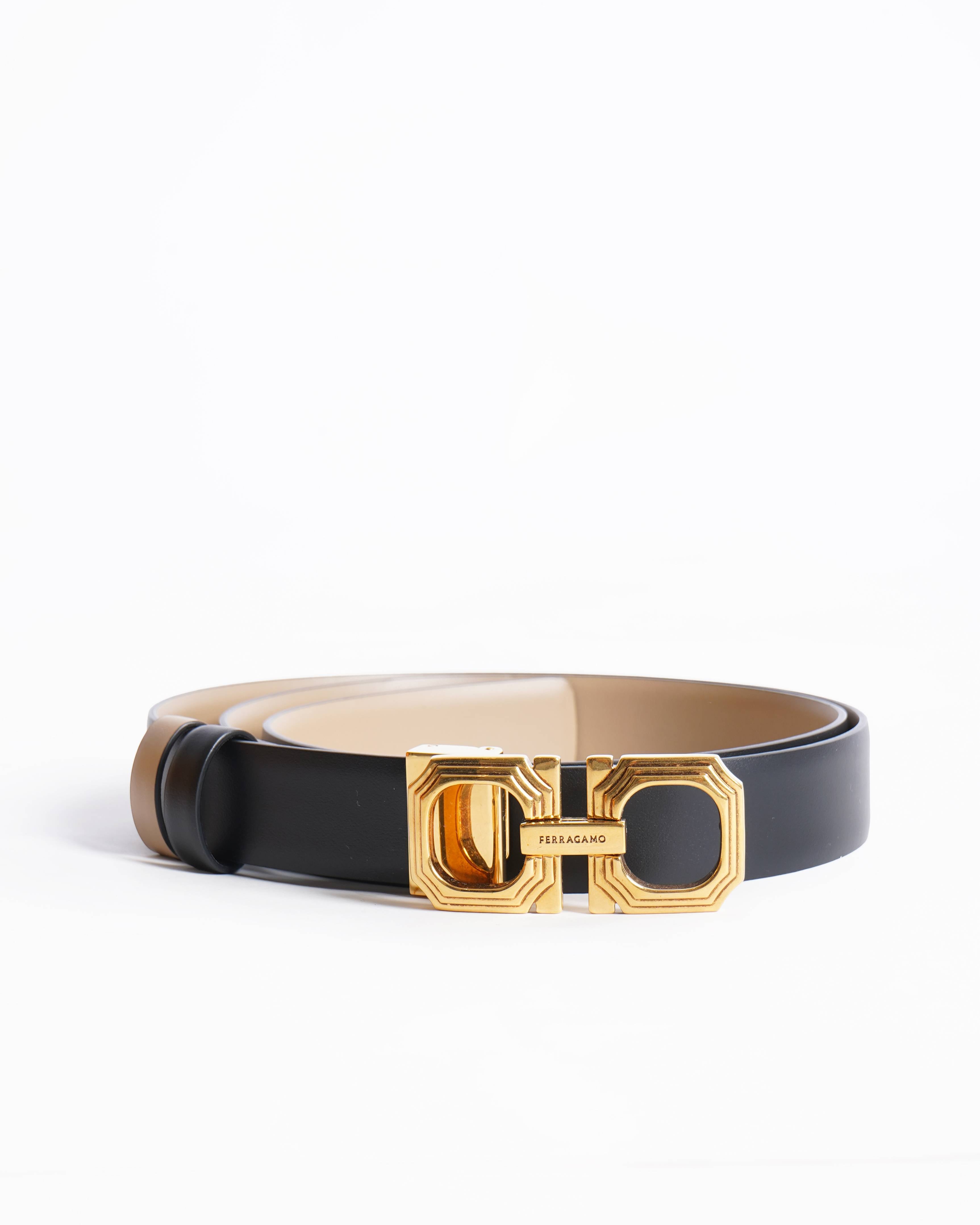 Salvatore Ferragamo Double Gancio Reversible Leather Black & Tan Belt