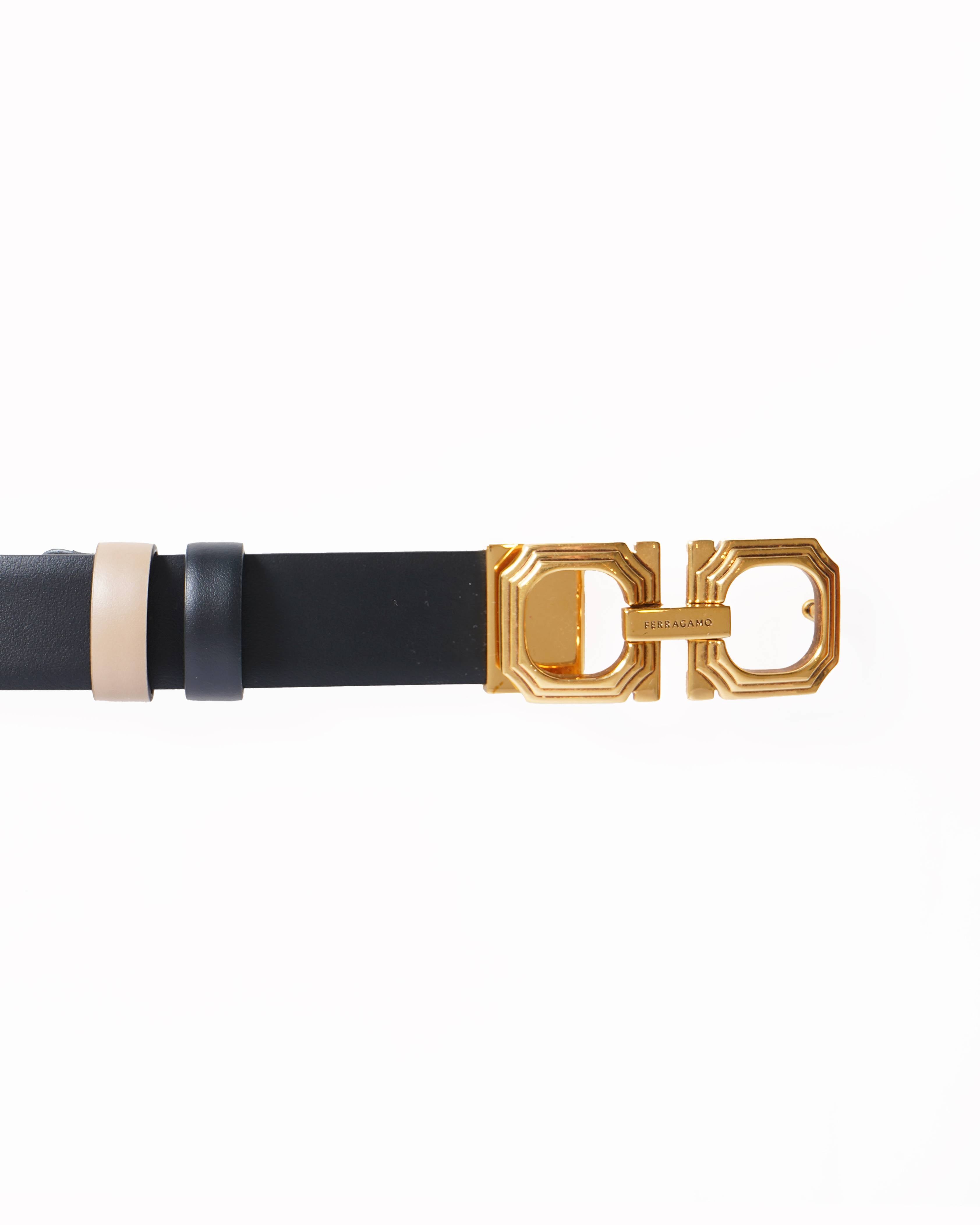 Salvatore Ferragamo Double Gancio Reversible Leather Black & Tan Belt