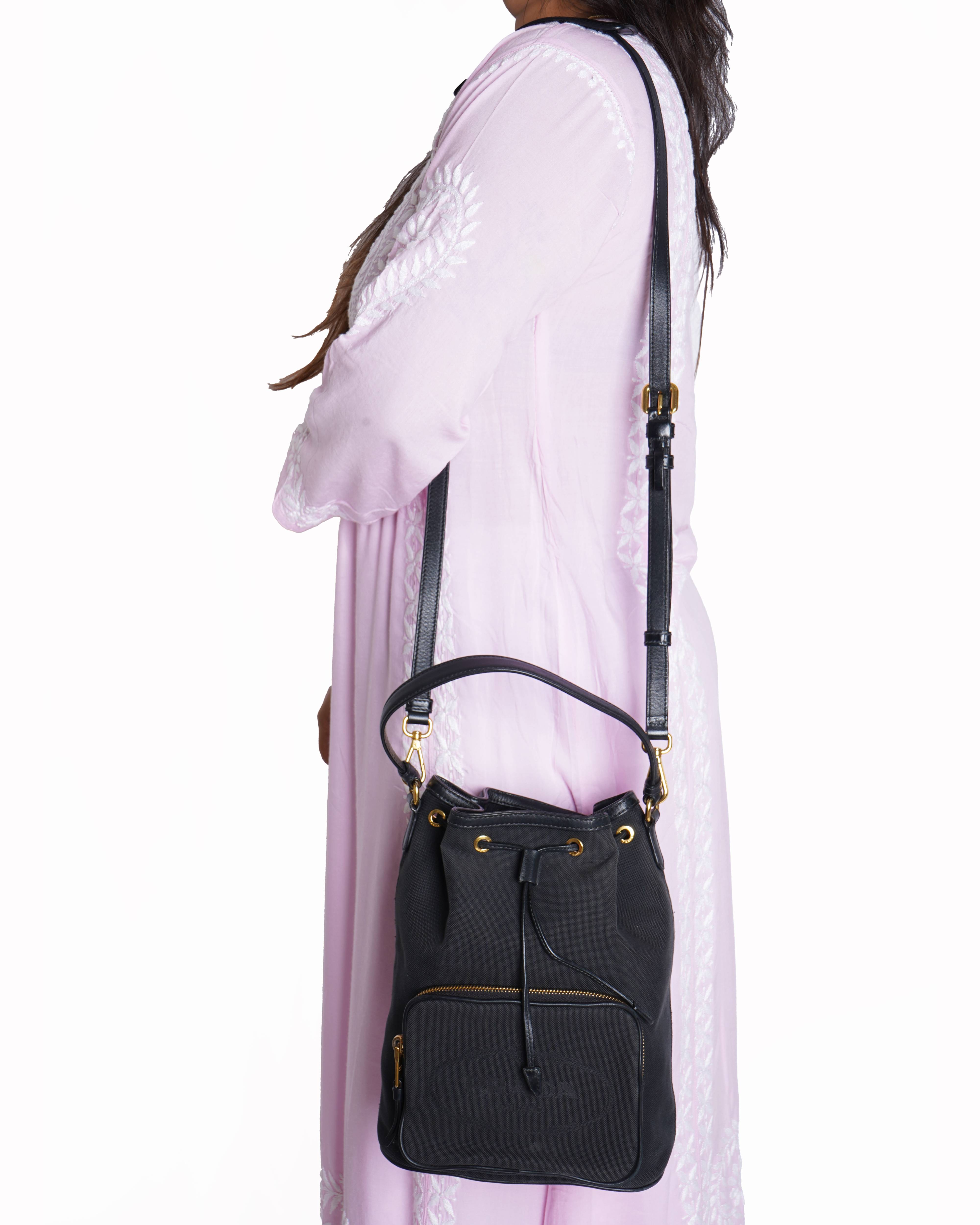 Prada black logo jacquard canvas and leather trim bucket bag