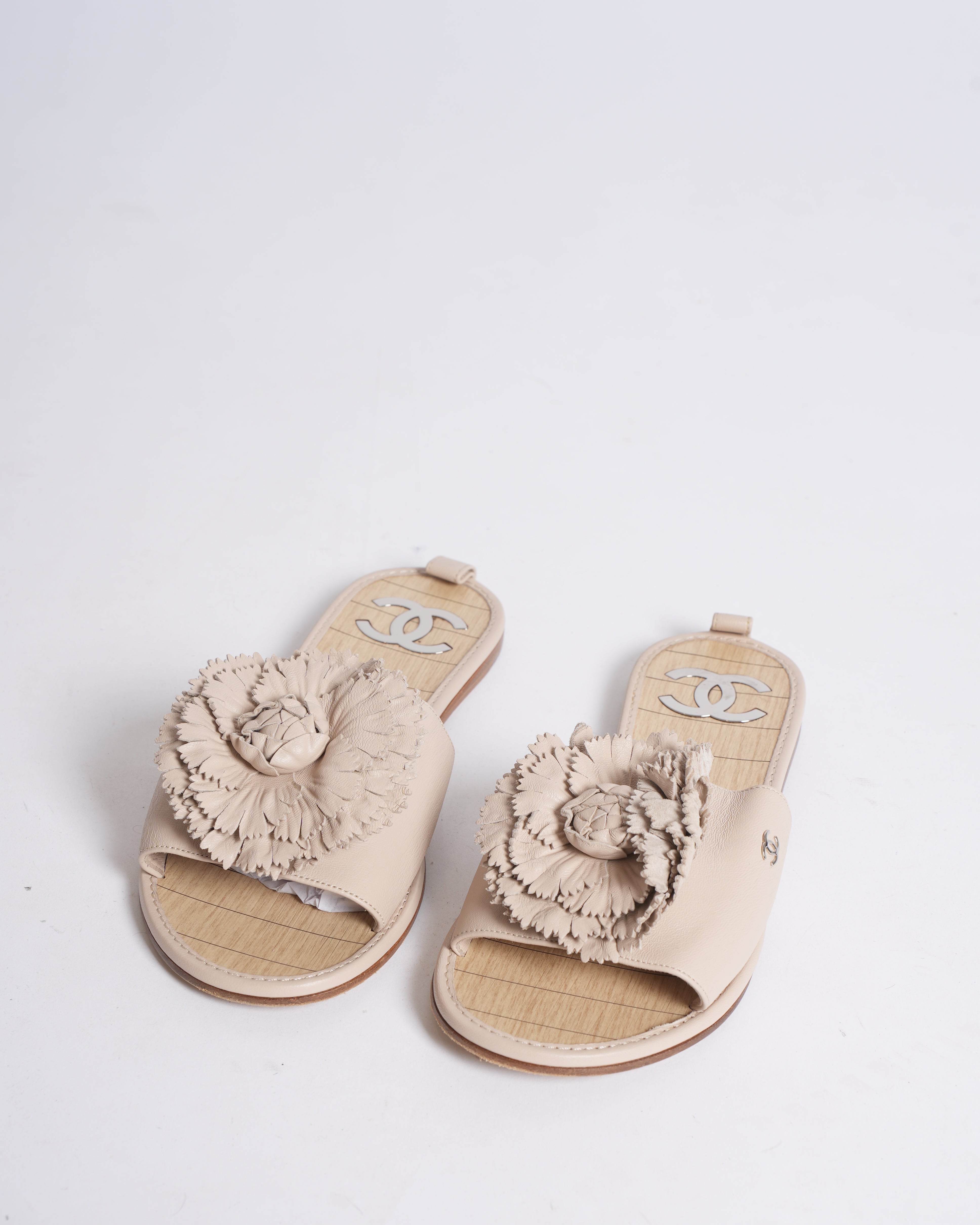 Chanel Beige Camellia Slide Sandals