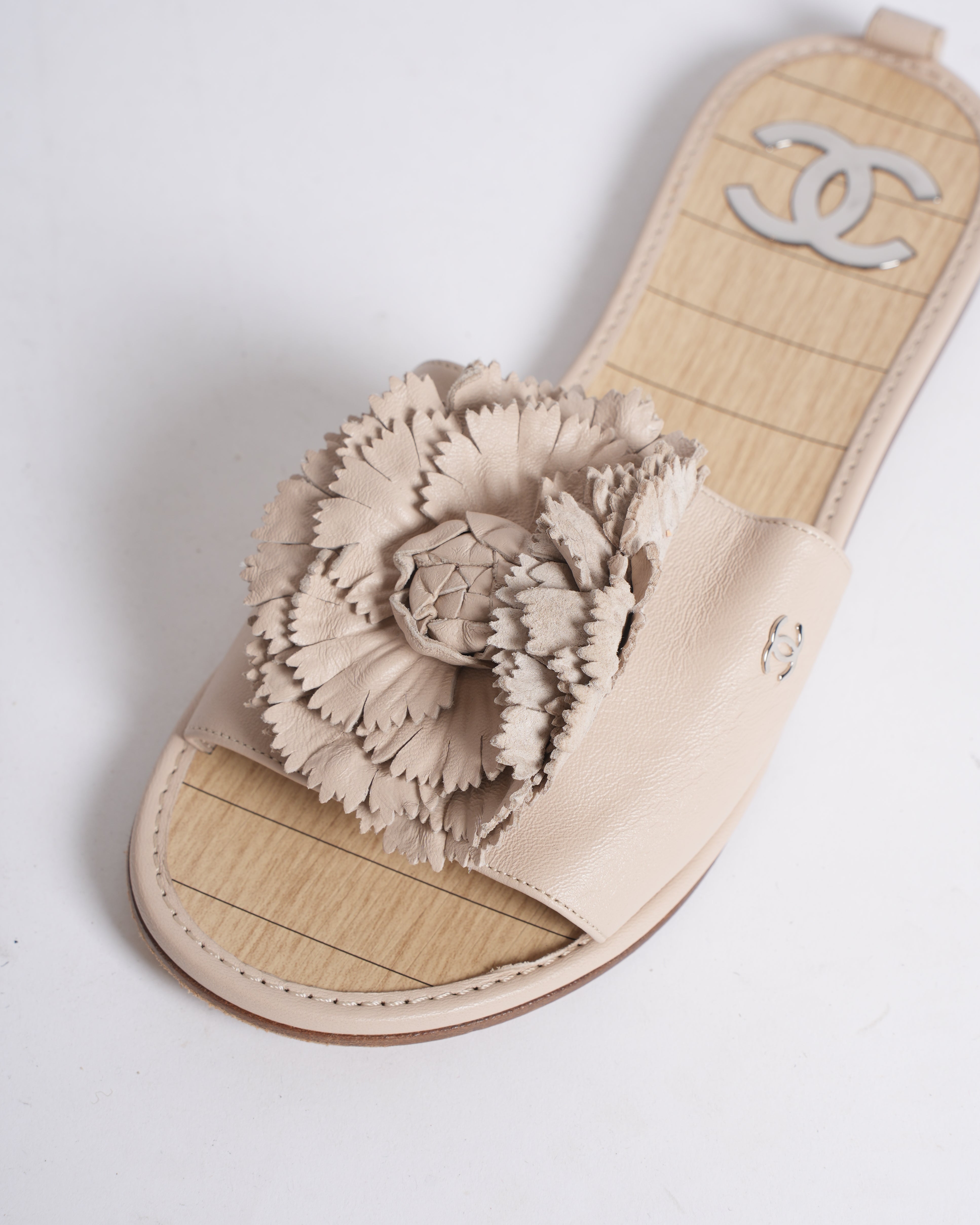 Chanel Beige Camellia Slide Sandals