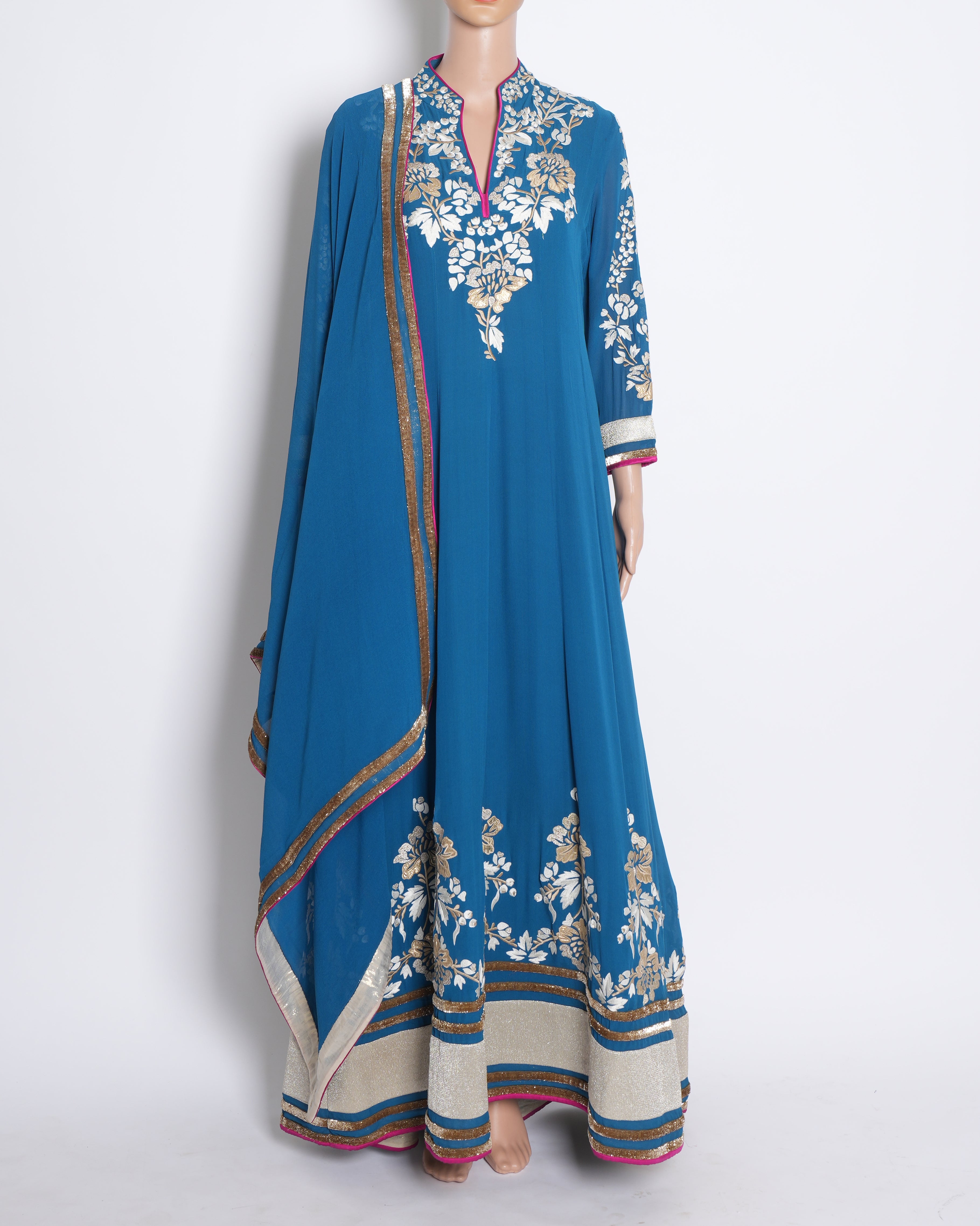 Patine Three Piece Anarkali Set In Blue
