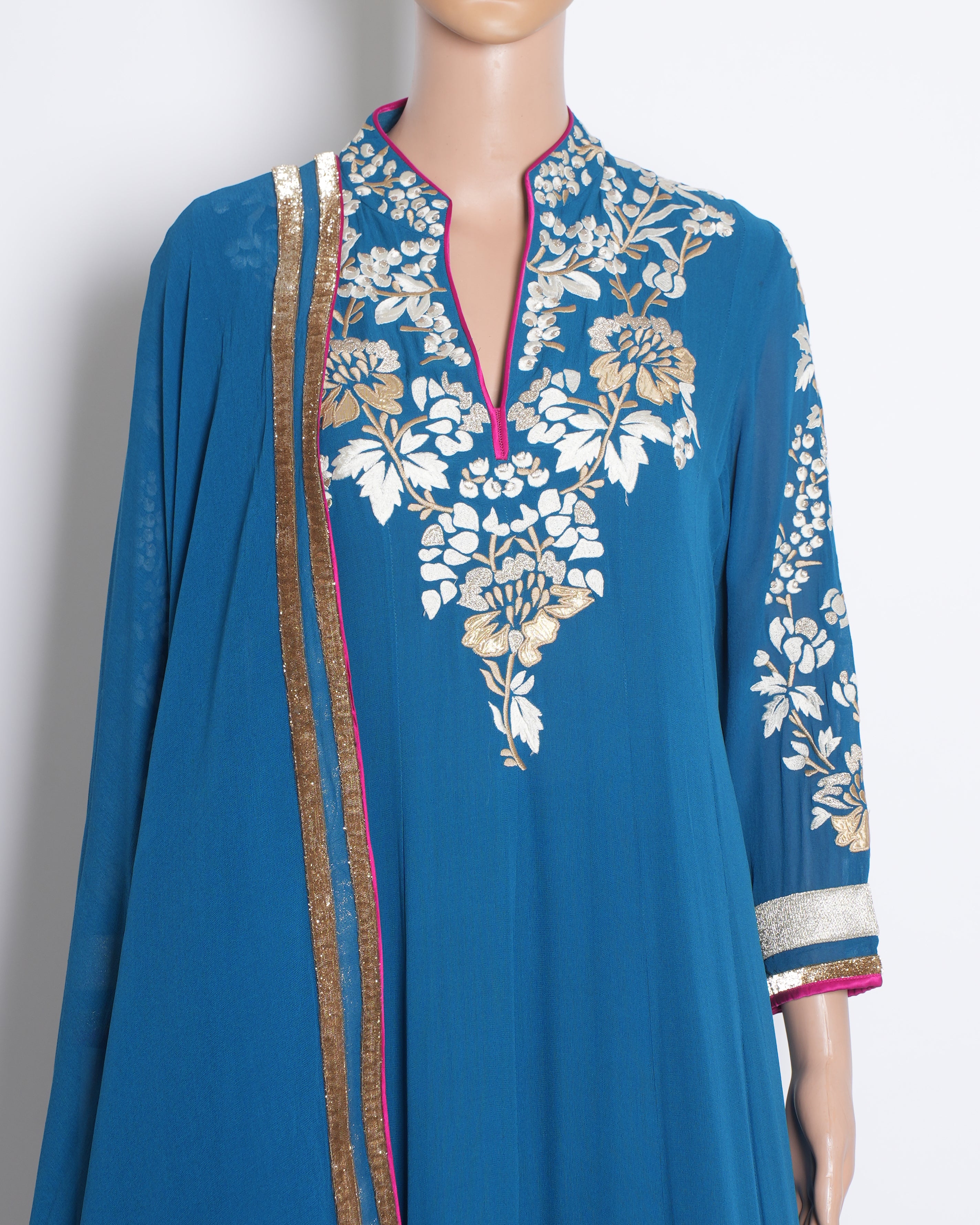 Patine Three Piece Anarkali Set In Blue