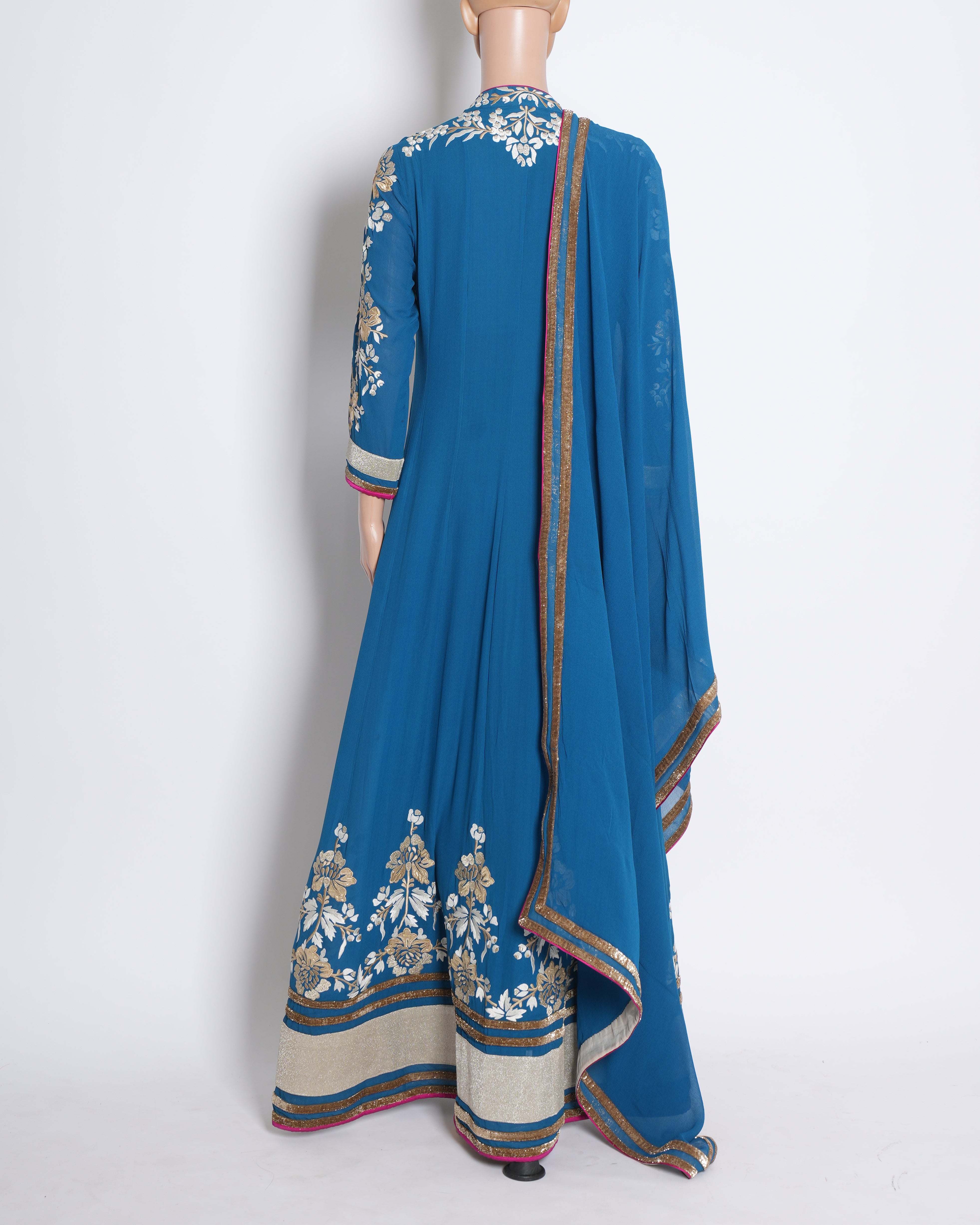 Patine Three Piece Anarkali Set In Blue