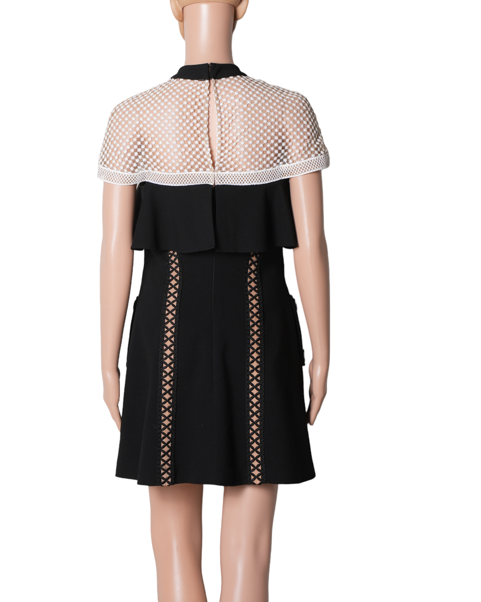 Self Portrait Black Crepe Lace Trim Bow Detail Mini Dress
