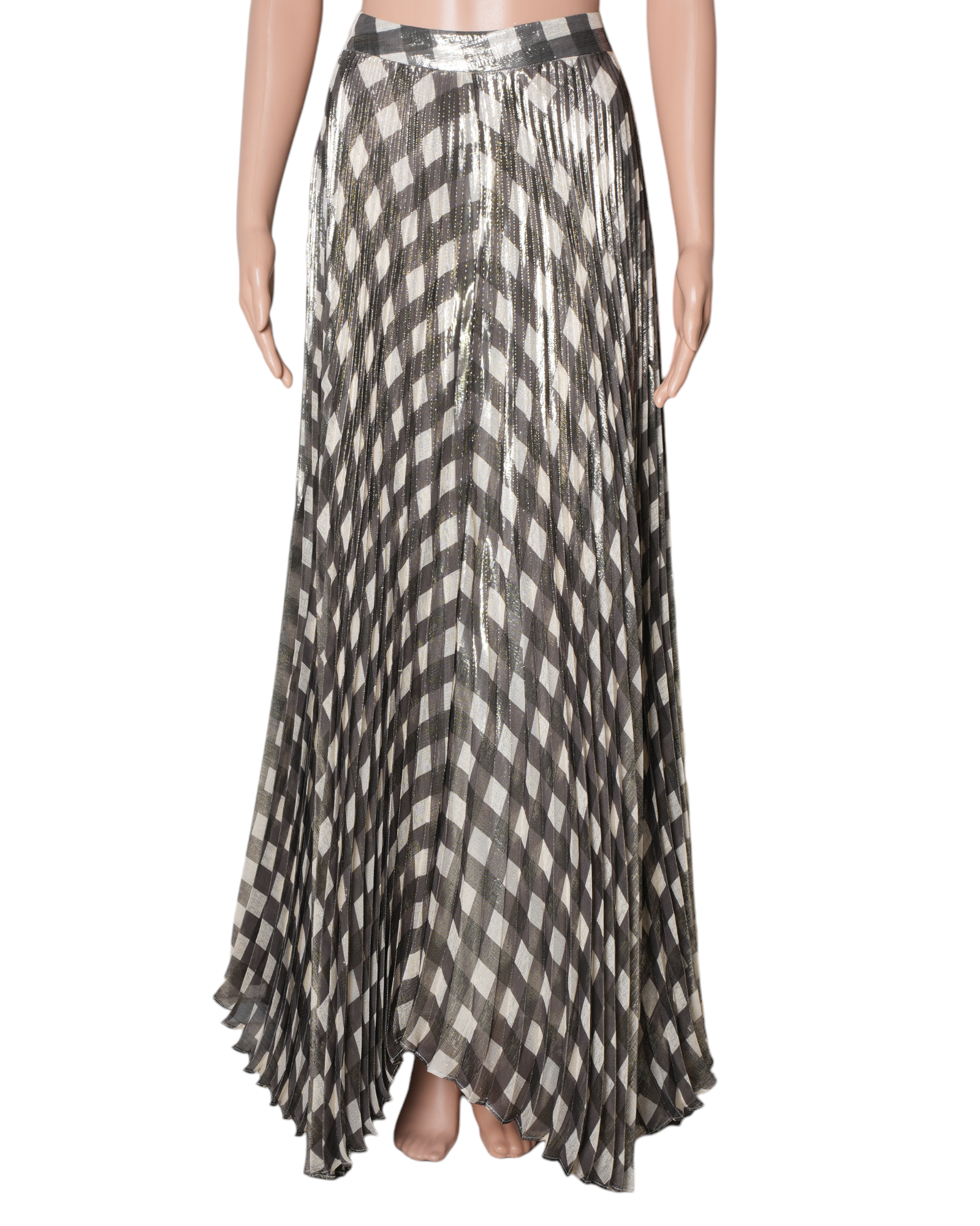 Alice & Olivia Katz Pleated Metallic Gingham Maxi Skirt