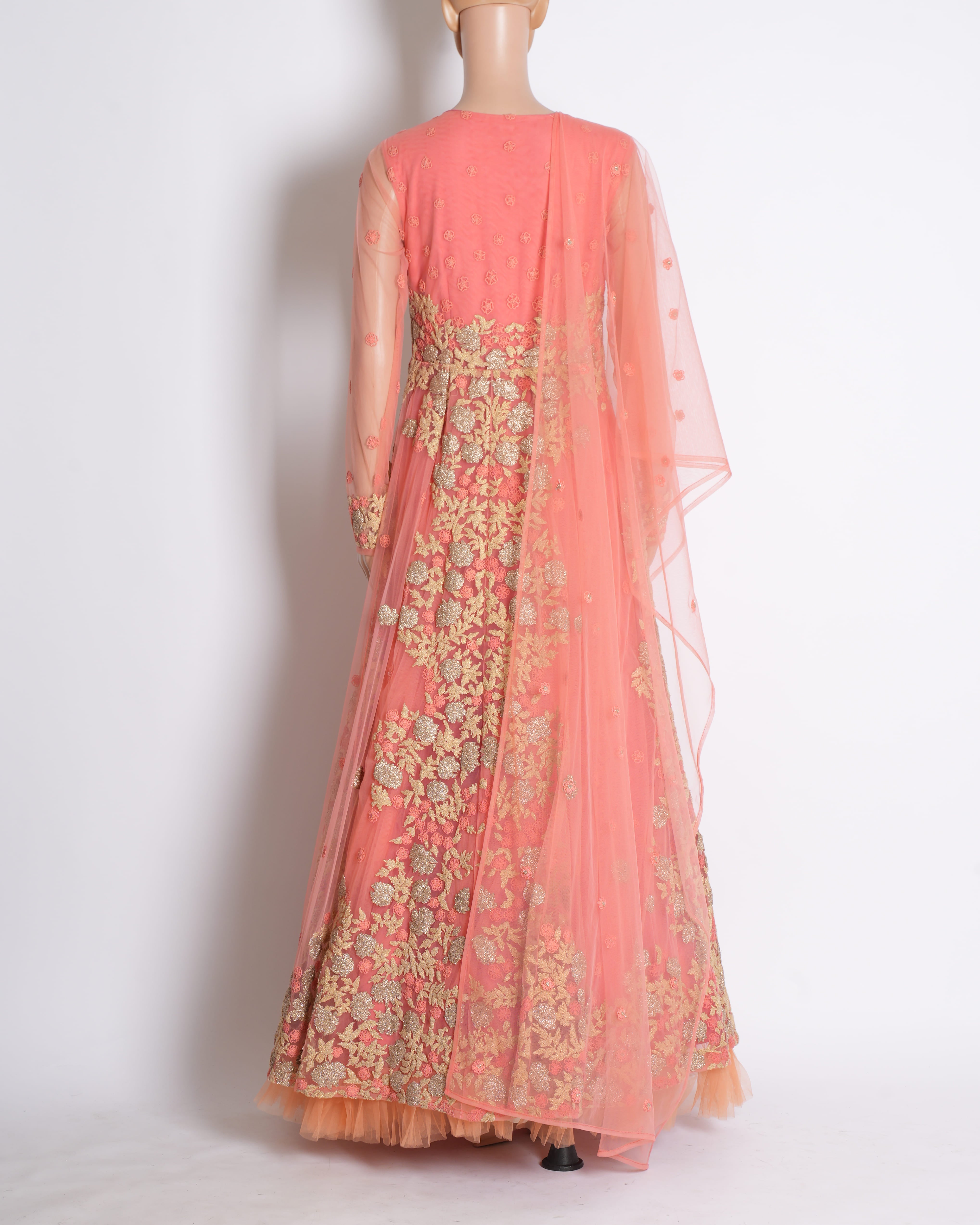ANEESH AGARWAAL Embroidered Long Anarkali in Peach