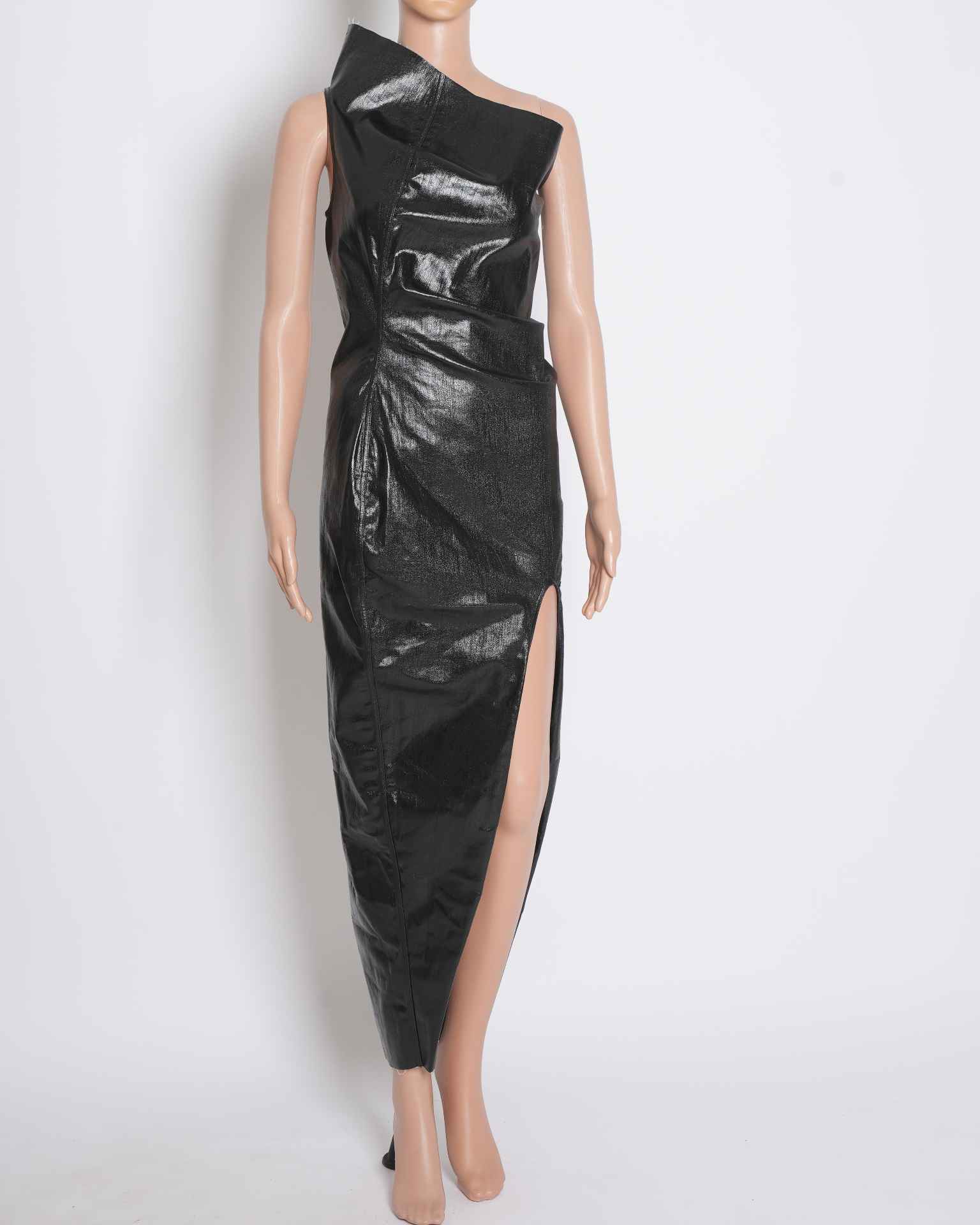 Rick Owens Laminated Denim-Blend Asymmetric Single-Shoulder Dress in Black