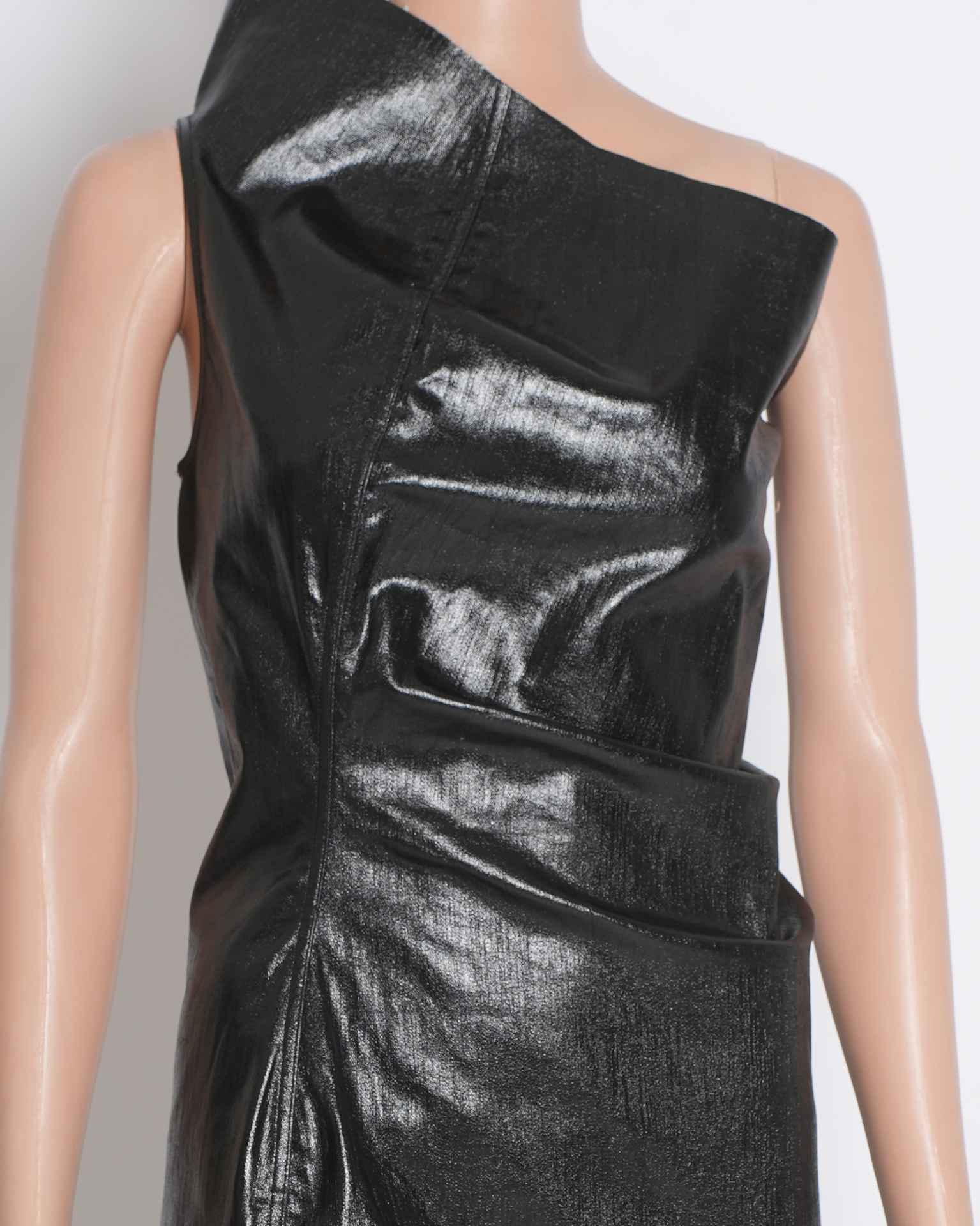 Rick Owens Laminated Denim-Blend Asymmetric Single-Shoulder Dress in Black