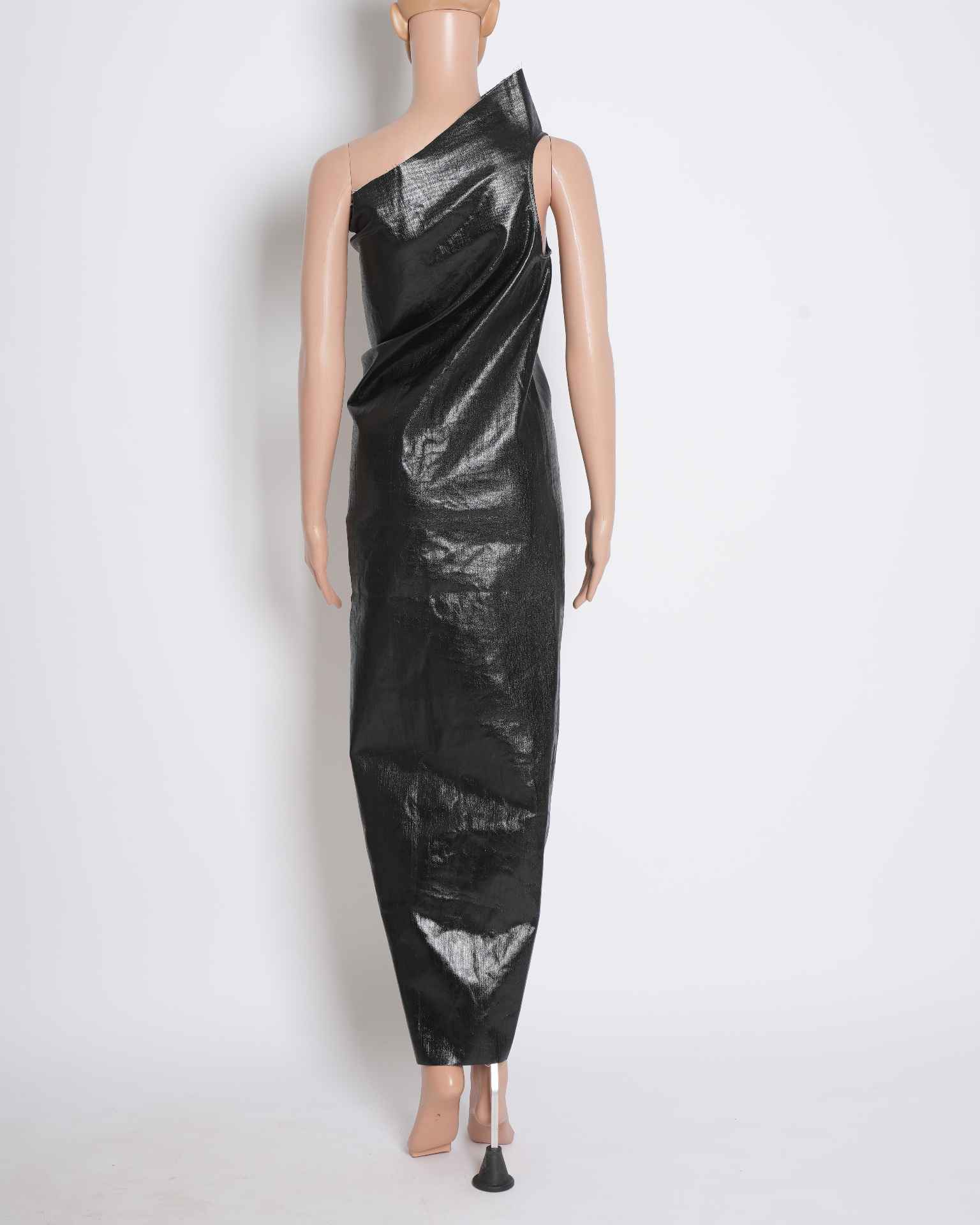 Rick Owens Laminated Denim-Blend Asymmetric Single-Shoulder Dress in Black