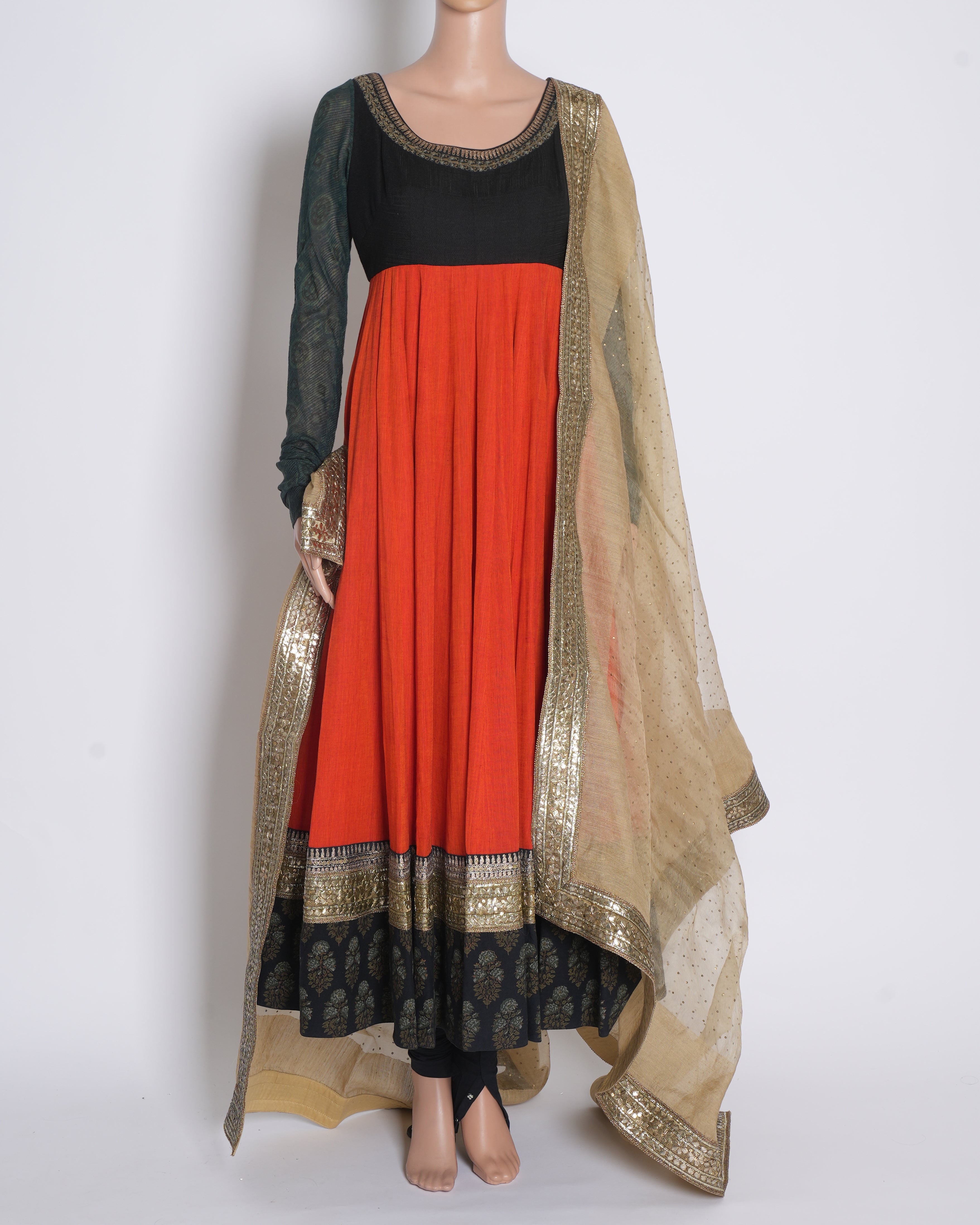 Sabyasachi Anarkali Set with Bottom & Dupatta in Black & Orange