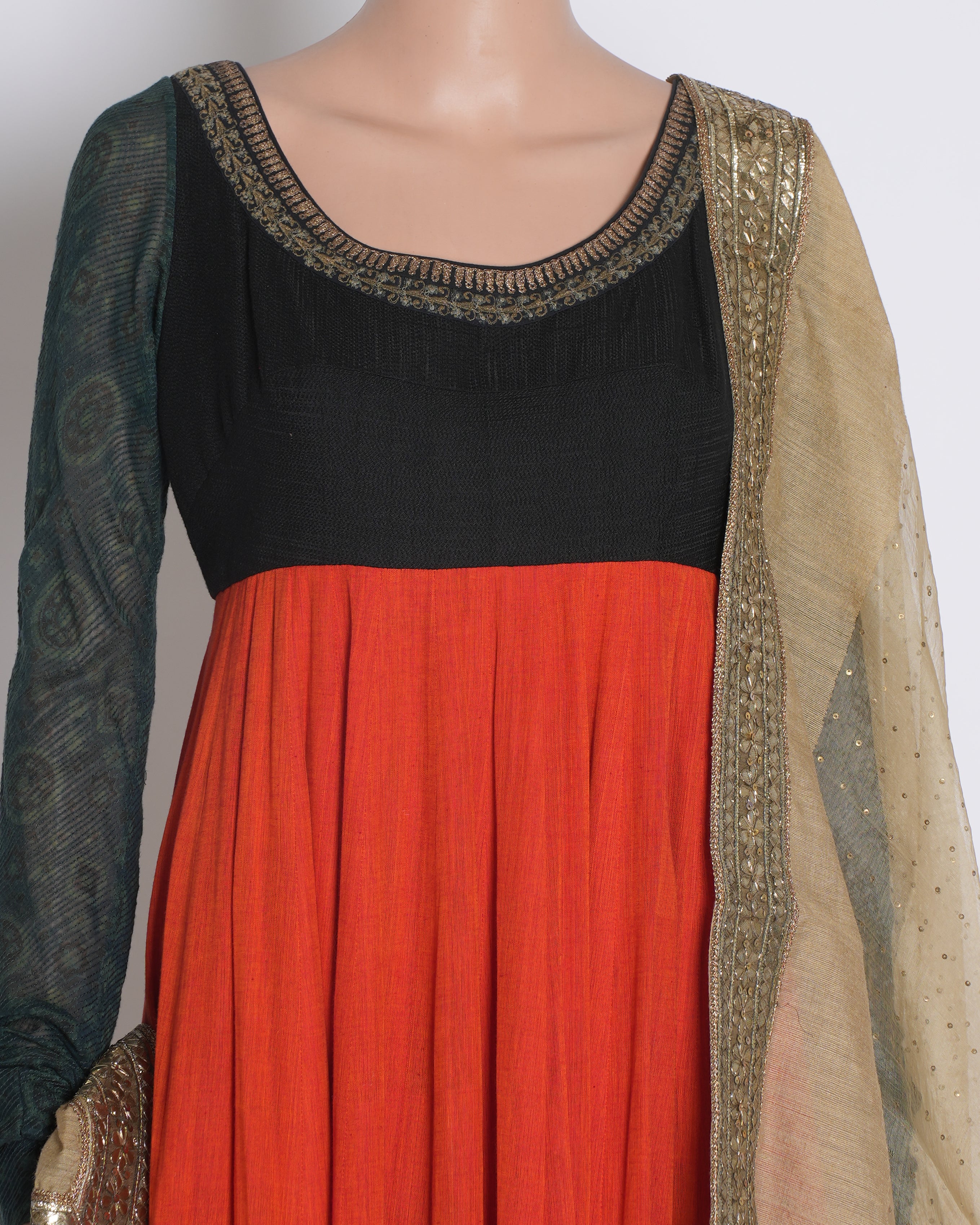 Sabyasachi Anarkali Set with Bottom & Dupatta in Black & Orange