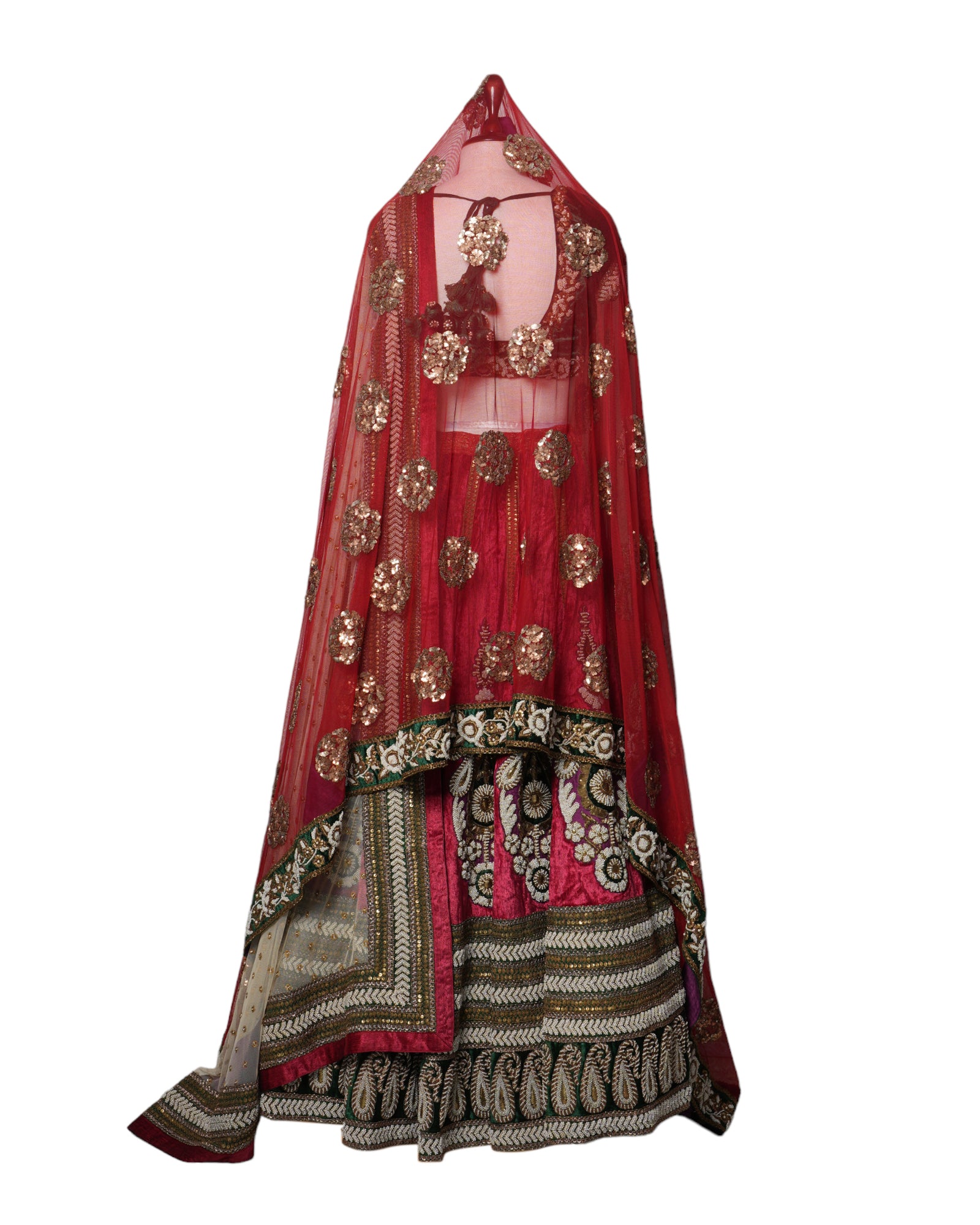 Sabyasachi Green & Red Lehenga With Heavy Zari & Sequins Work