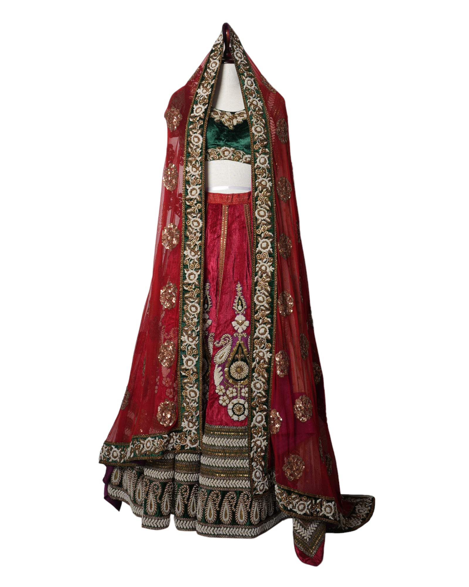 Sabyasachi Green & Red Lehenga With Heavy Zari & Sequins Work