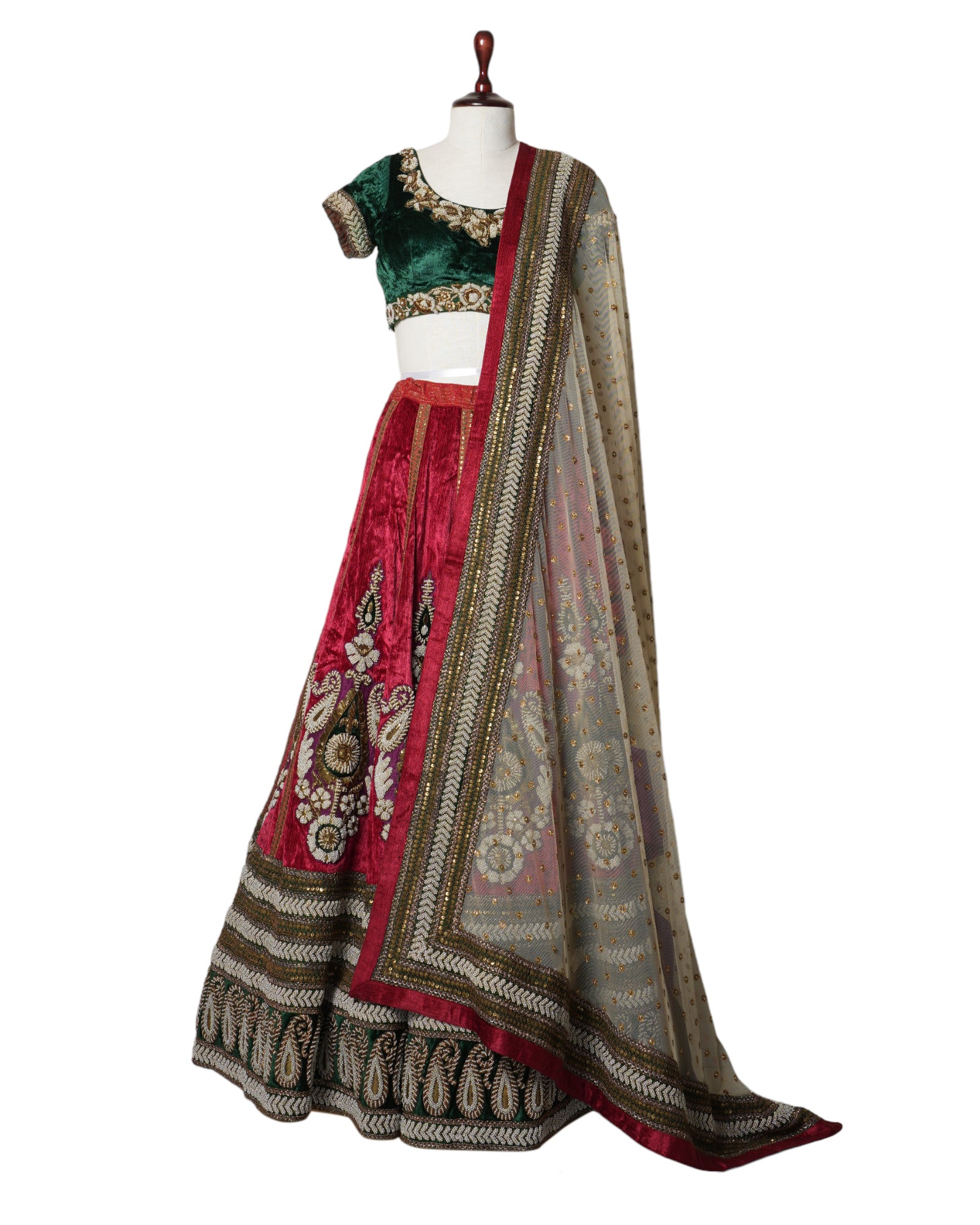 Sabyasachi Green & Red Lehenga With Heavy Zari & Sequins Work